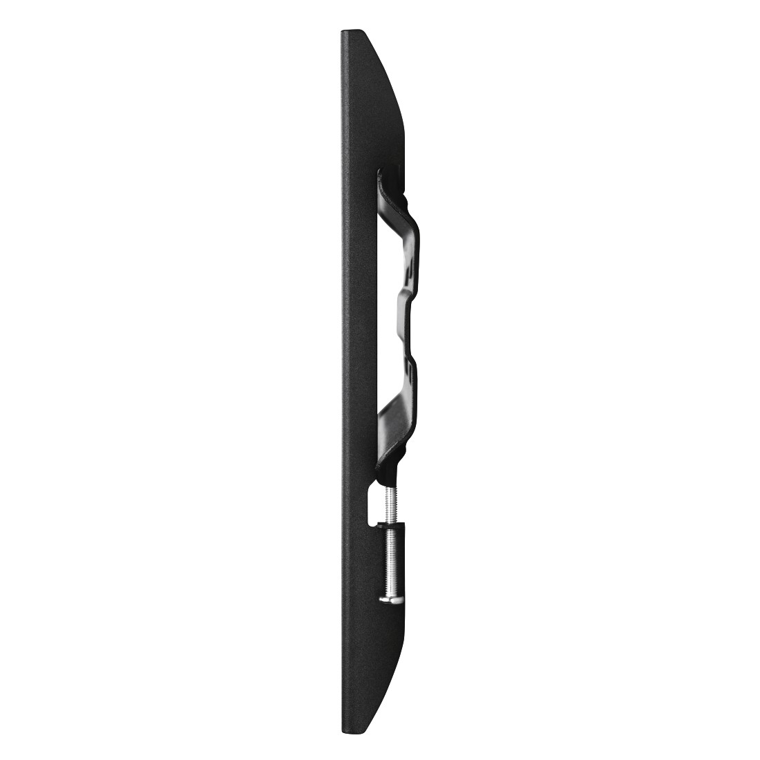Vista lateral de un soporte metálico negro y rectangular. Tiene un borde curvo con varios agujeros y un perno roscado.