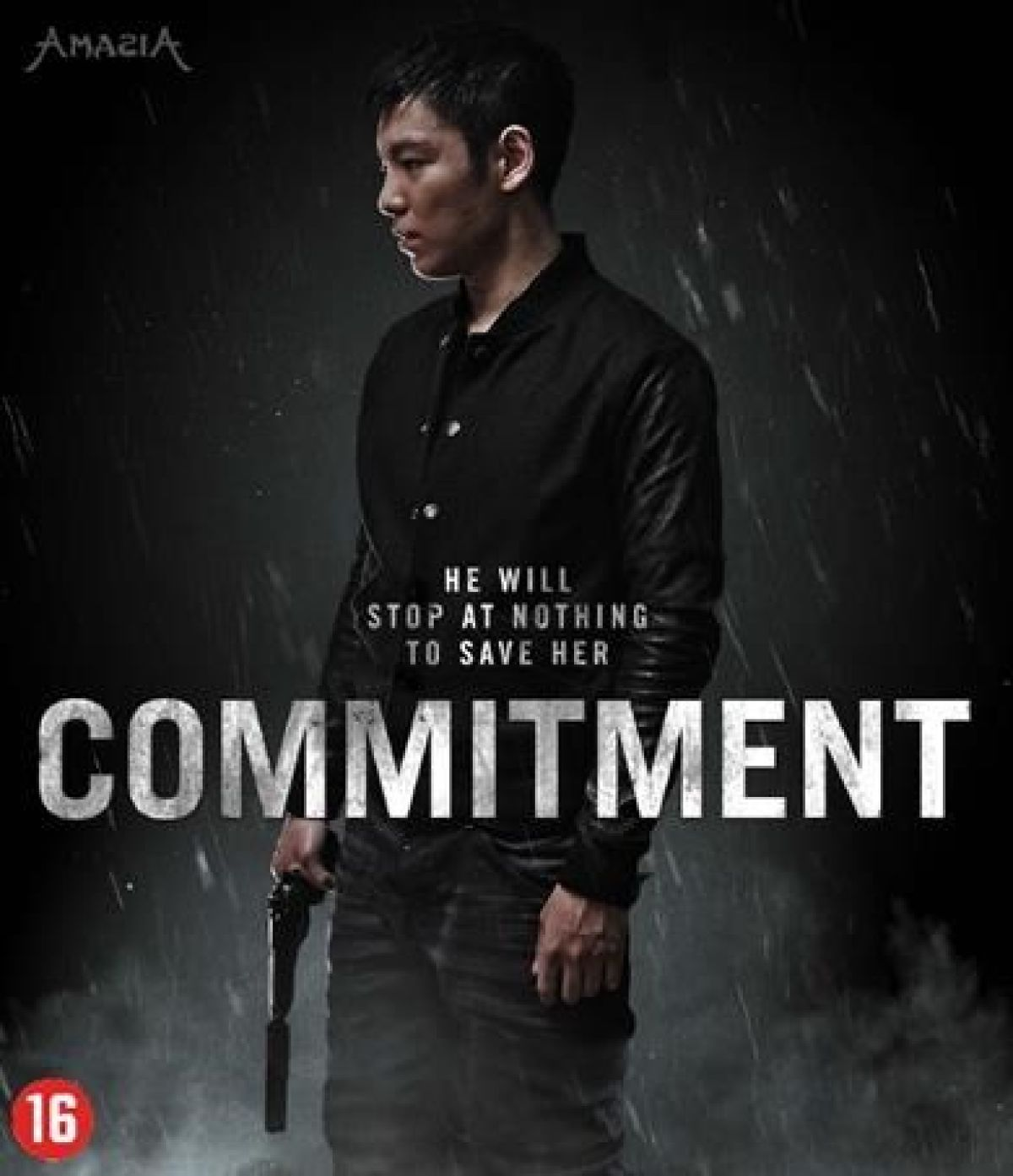 Poster voor 'Commitment'. Een man in een zwarte jas met een pistool. Tekst: Hij zal voor niets stoppen om haar te redden. Classificatie 16.