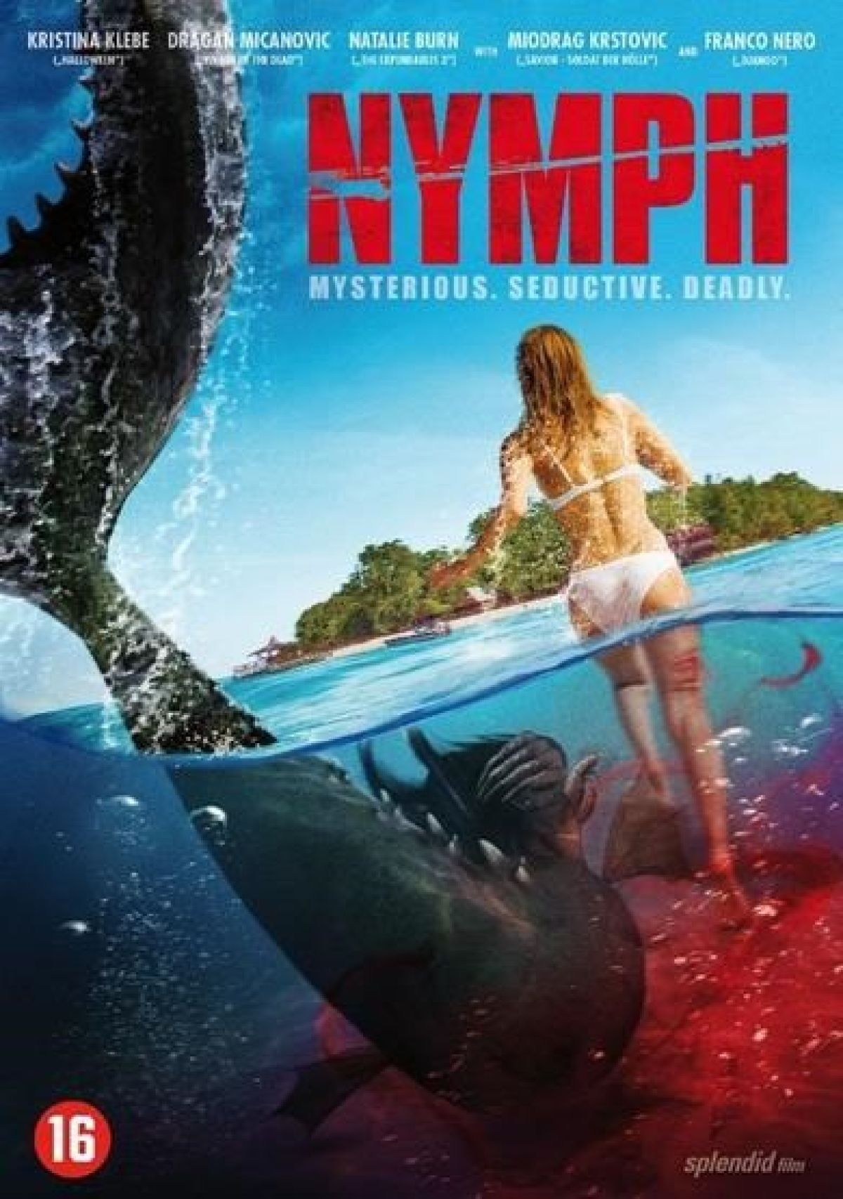 Filmposter voor Nymph. Een vrouw in bikini rent weg voor een haai. De titel staat in grote rode letters.