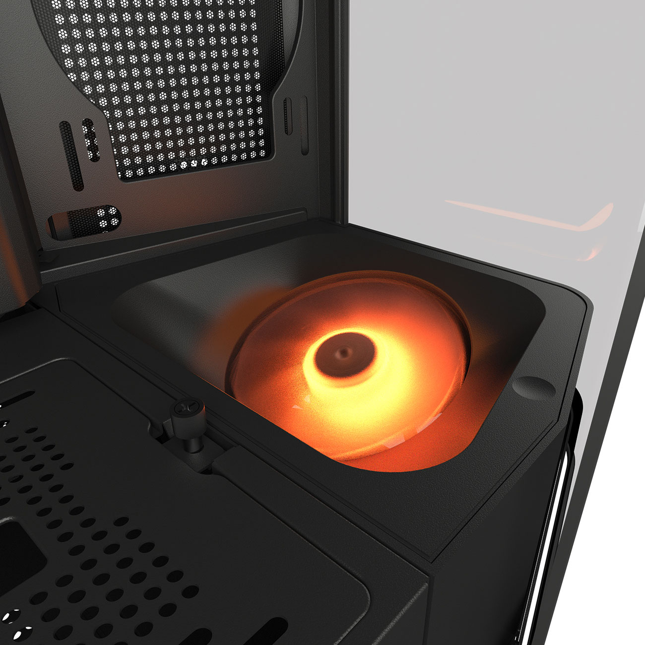 Interno di un case per computer. È visibile una ventola arancione incandescente. Case nero con una presa d'aria a rete e un pannello laterale trasparente.