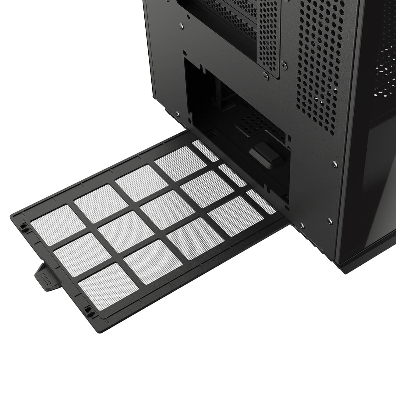 Un case per computer nero con un filtro antipolvere rimovibile. Il filtro è una griglia di piccoli quadrati. Il case ha fori di ventilazione.