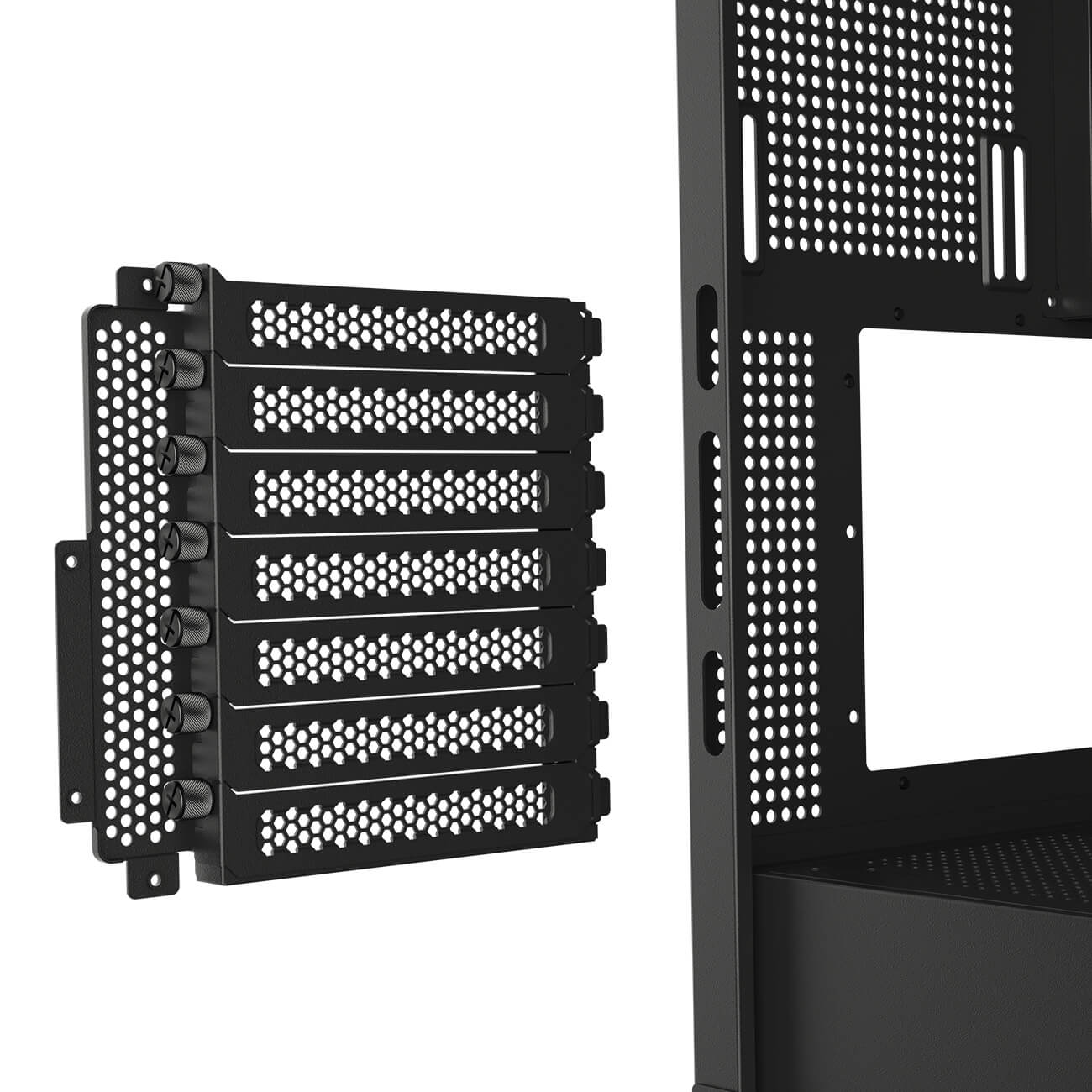 Componenti neri di un case per computer con pannelli perforati e hardware di montaggio, isolati su sfondo bianco, con attenzione ai dettagli.