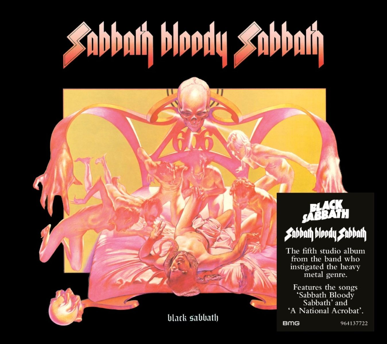 Copertina dell'album Sabbath Bloody Sabbath dei Black Sabbath. Presenta un teschio, figure e il titolo dell'album. Sfondo scuro.