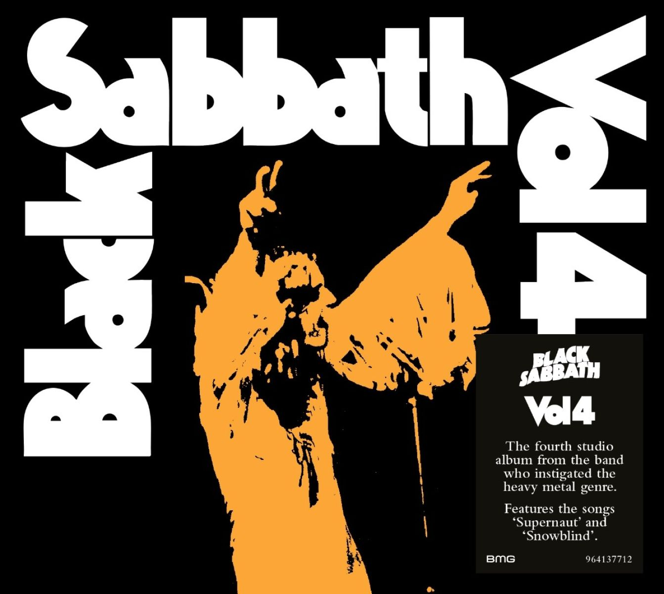Copertina dell'album con testo Black Sabbath. Una figura arancione con le braccia tese su sfondo nero. "Vol 4" e testo.