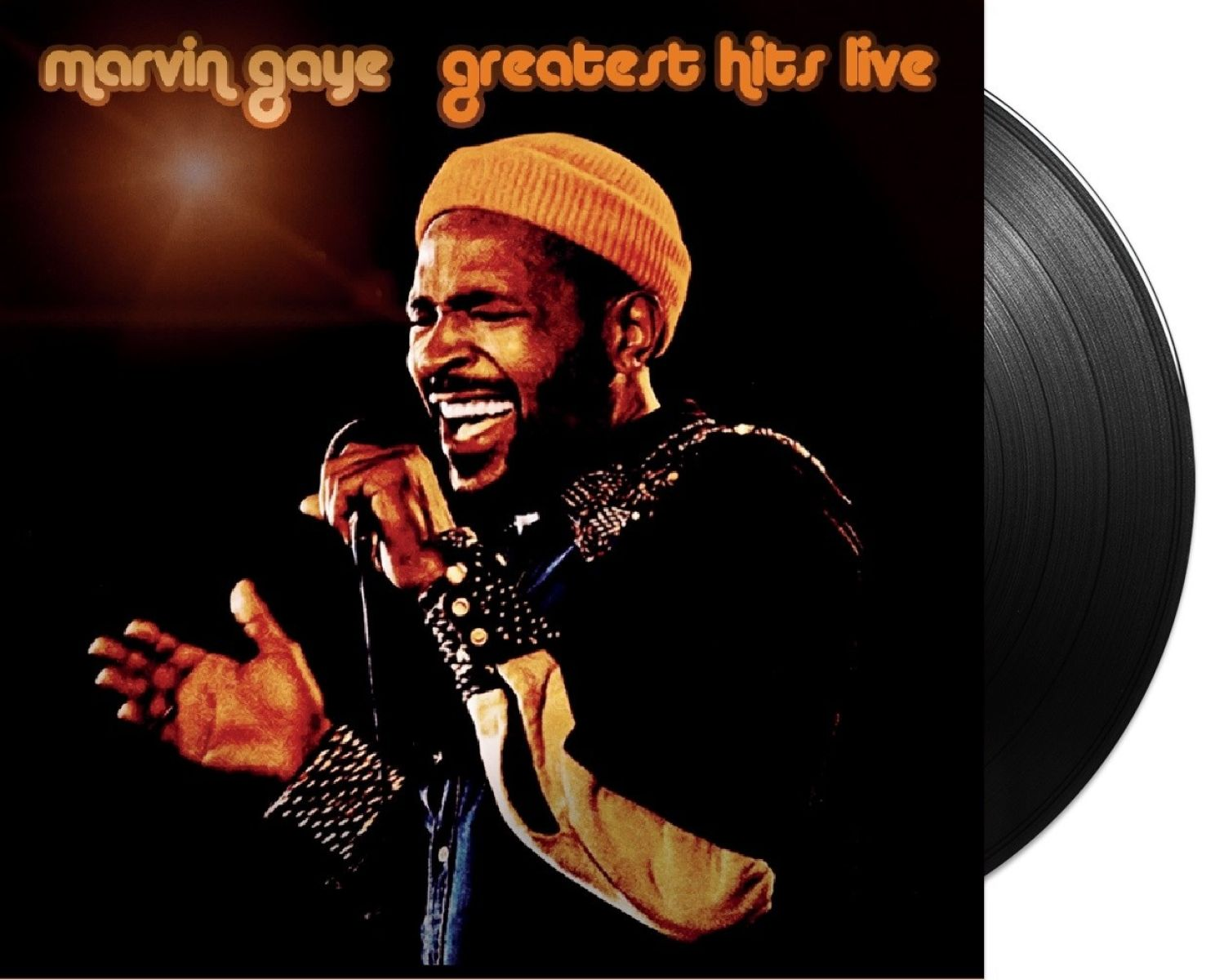 Marvin Gaye albumhoes. Gaye zingt in een microfoon, met een muts en armbanden. Een vinylplaat staat rechts.