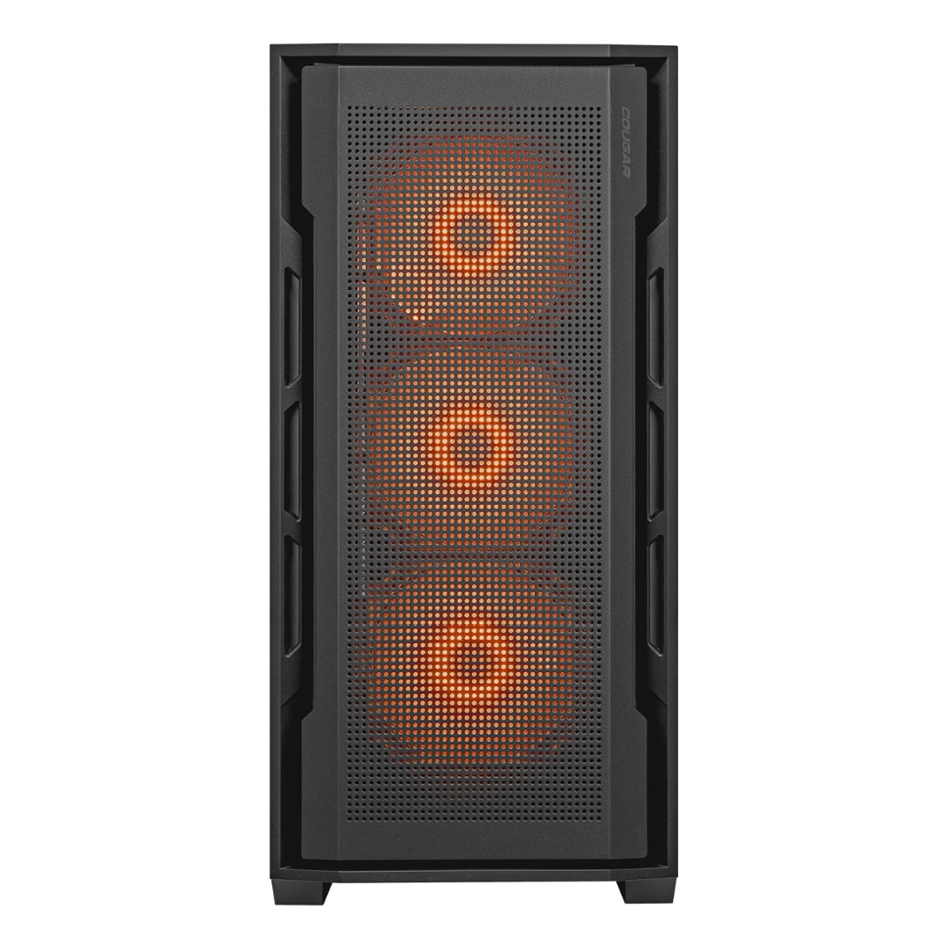 Czarna obudowa komputera z perforowanym panelem przednim. Przez otwory widoczne są trzy pomarańczowe wentylatory. Marka 'COUGAR' znajduje się z boku.