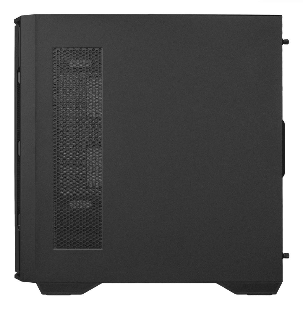 Czarna obudowa komputera. Ma wentylację z siatki z boku i uchwyt. Ma prostokątny kształt.