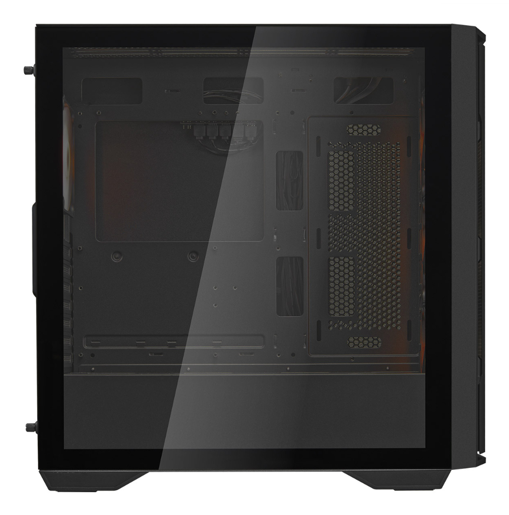 Czarna obudowa komputera ze szklanym panelem bocznym. Wewnętrzne komponenty są widoczne przez przezroczysty bok.