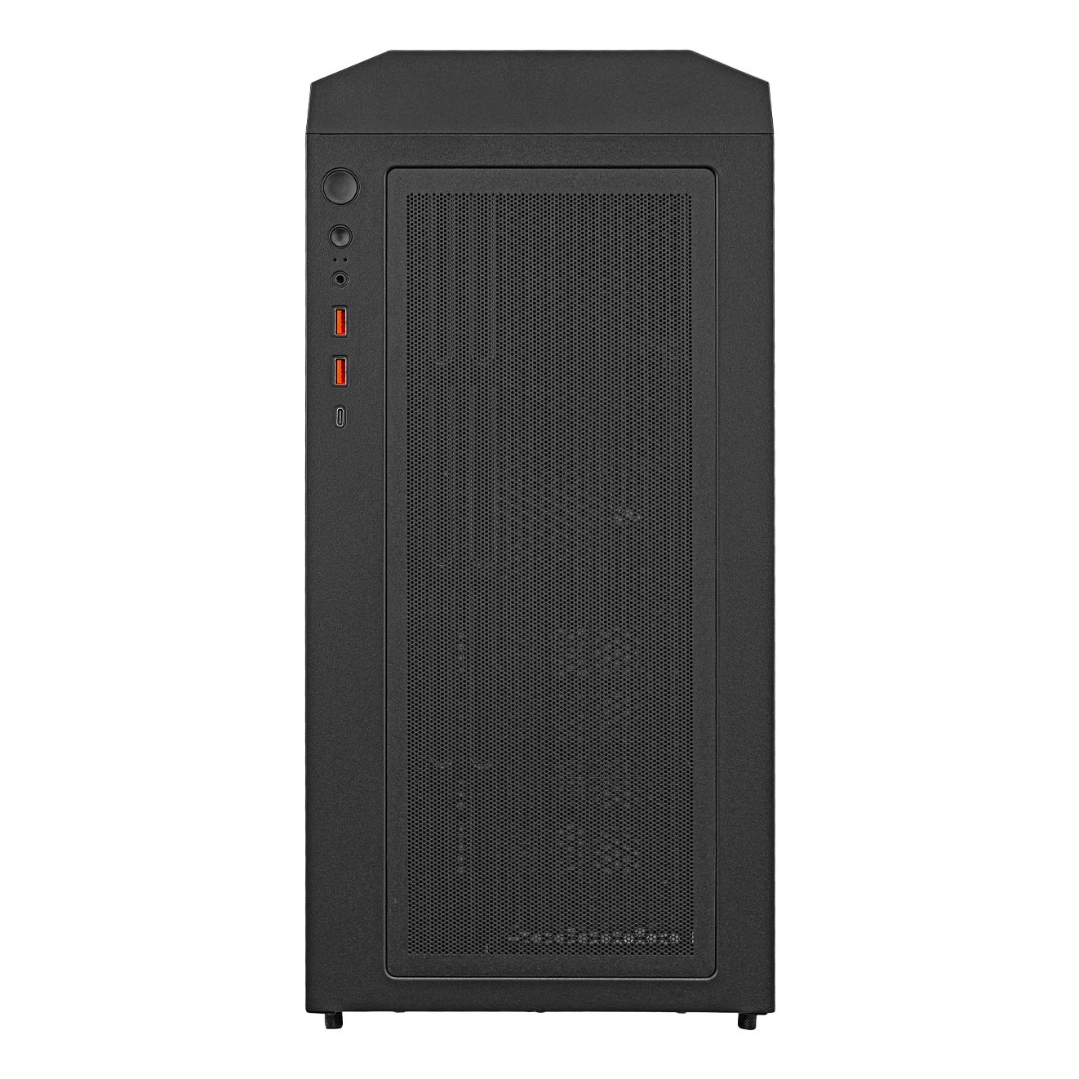 Czarna obudowa komputera z przednim panelem z siatki. Ma porty USB i przyciski z boku.