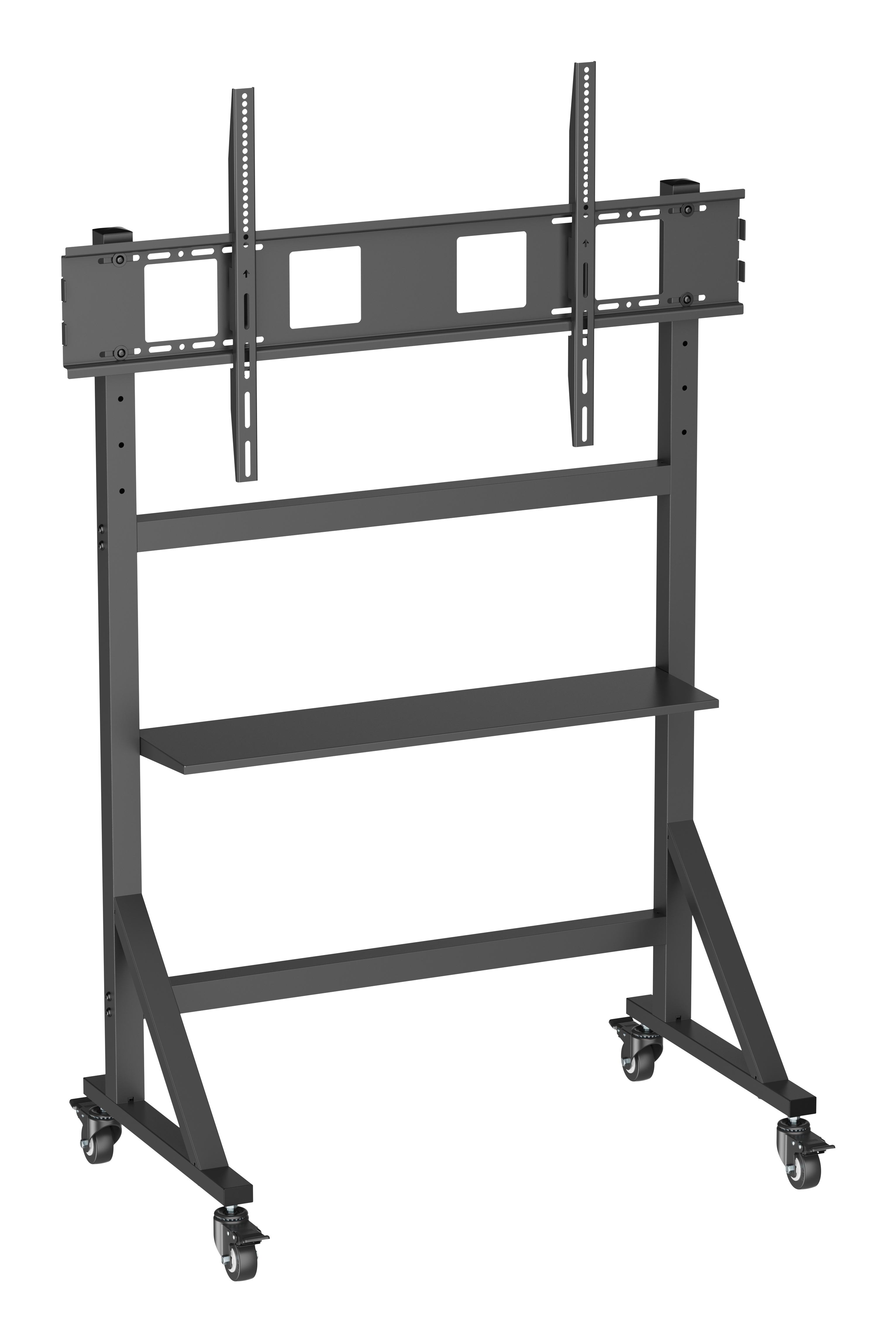 Un supporto TV in metallo nero con un ripiano. Ha ruote e staffe per una TV. Sfondo bianco.