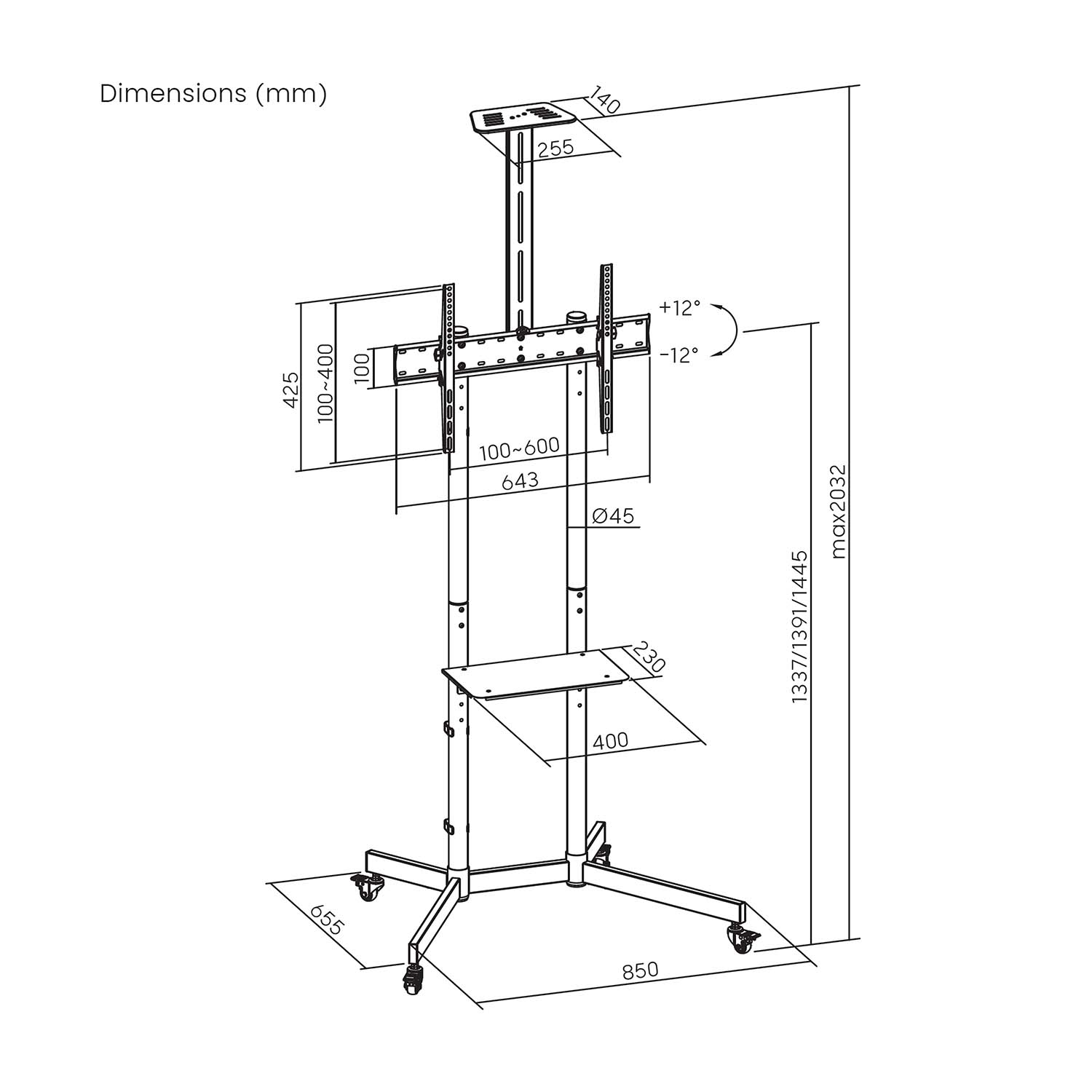 Dibujo técnico de un soporte de TV, con dimensiones en milímetros. Incluye medidas de altura, anchura y otros detalles estructurales.