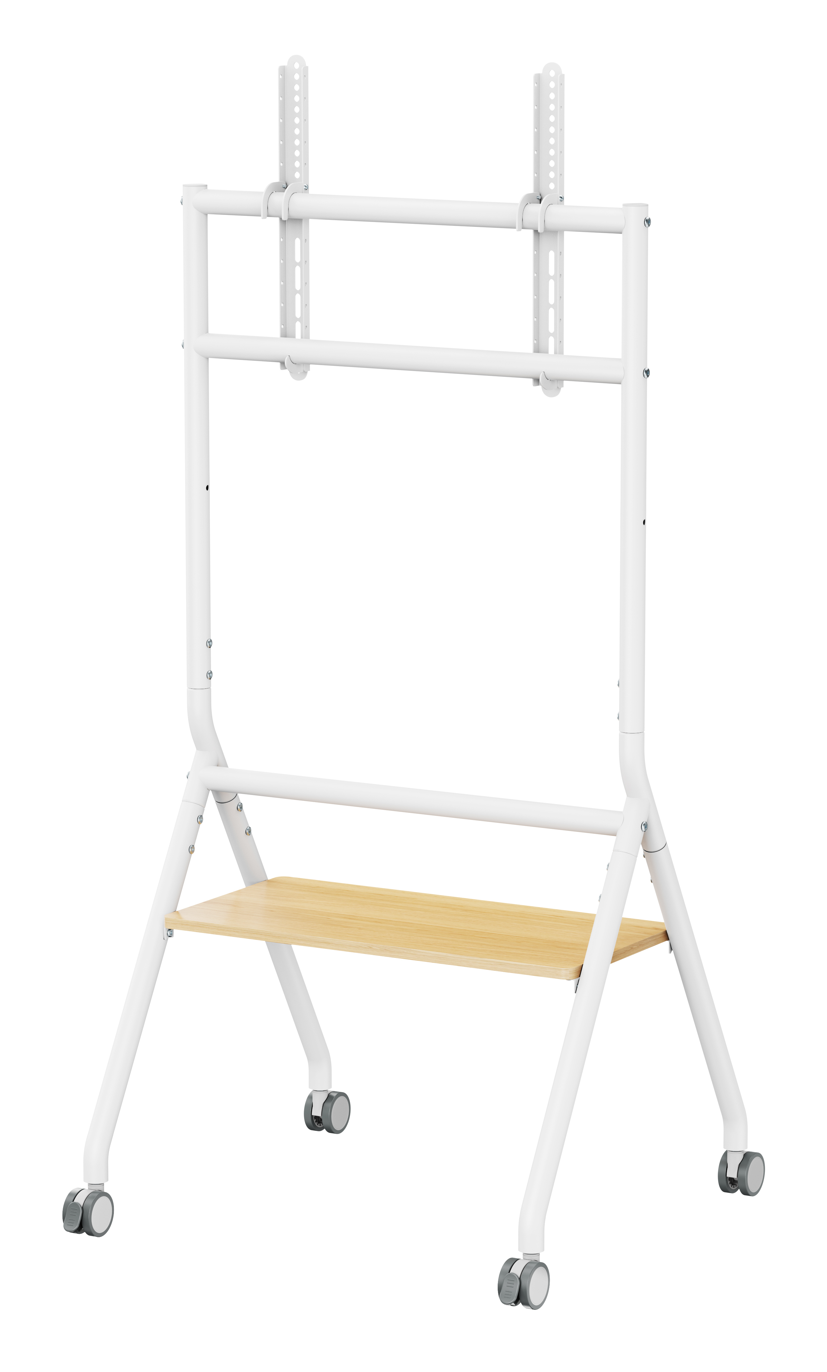 Un supporto TV mobile bianco con un ripiano in legno. Ha ruote e staffe per montare un televisore. Lo sfondo è bianco.