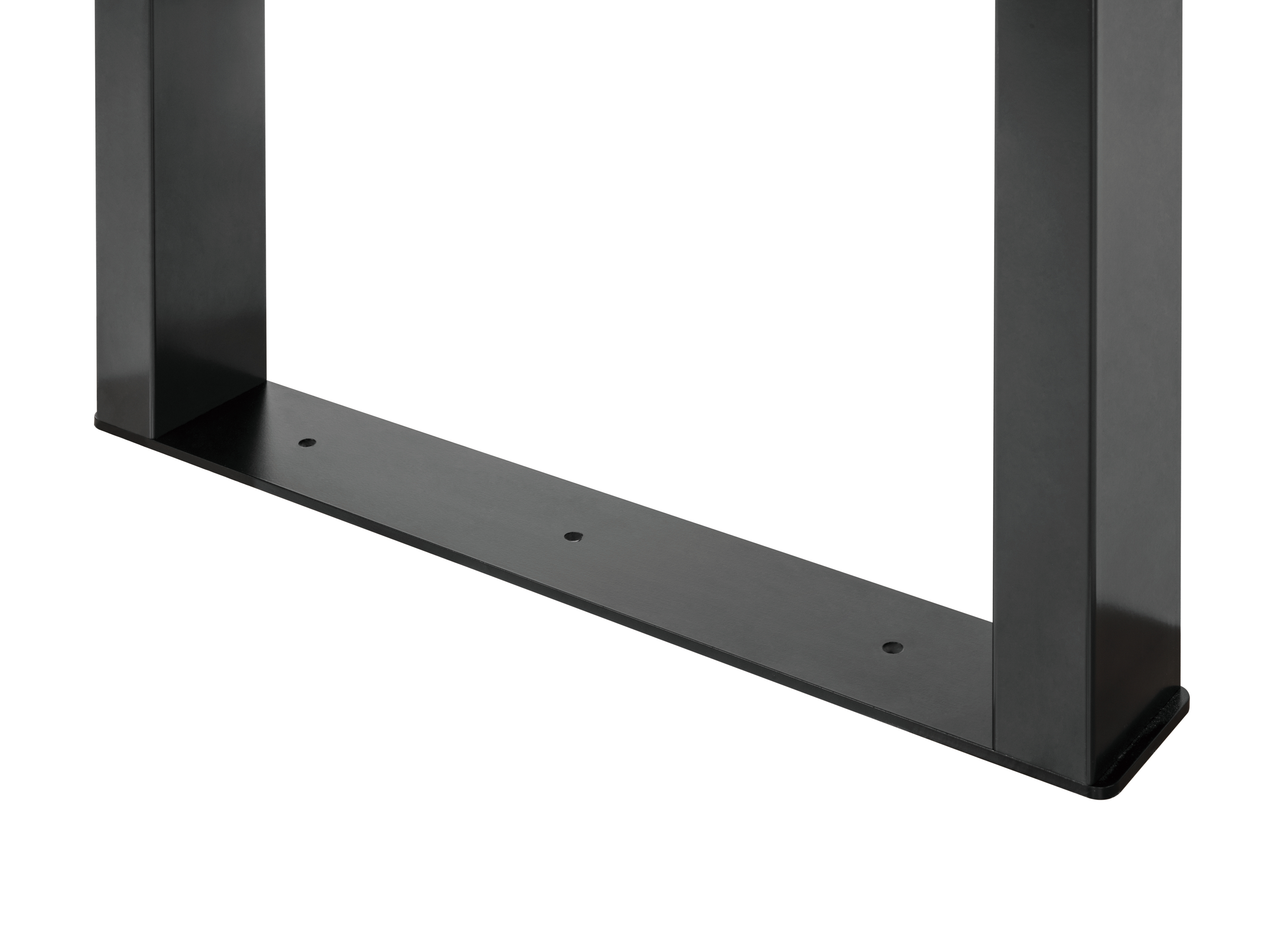 Ein schwarzes Metall-Tischbein-Gestell. Es hat eine U-Form mit einer horizontalen Basis und zwei vertikalen Stützen.