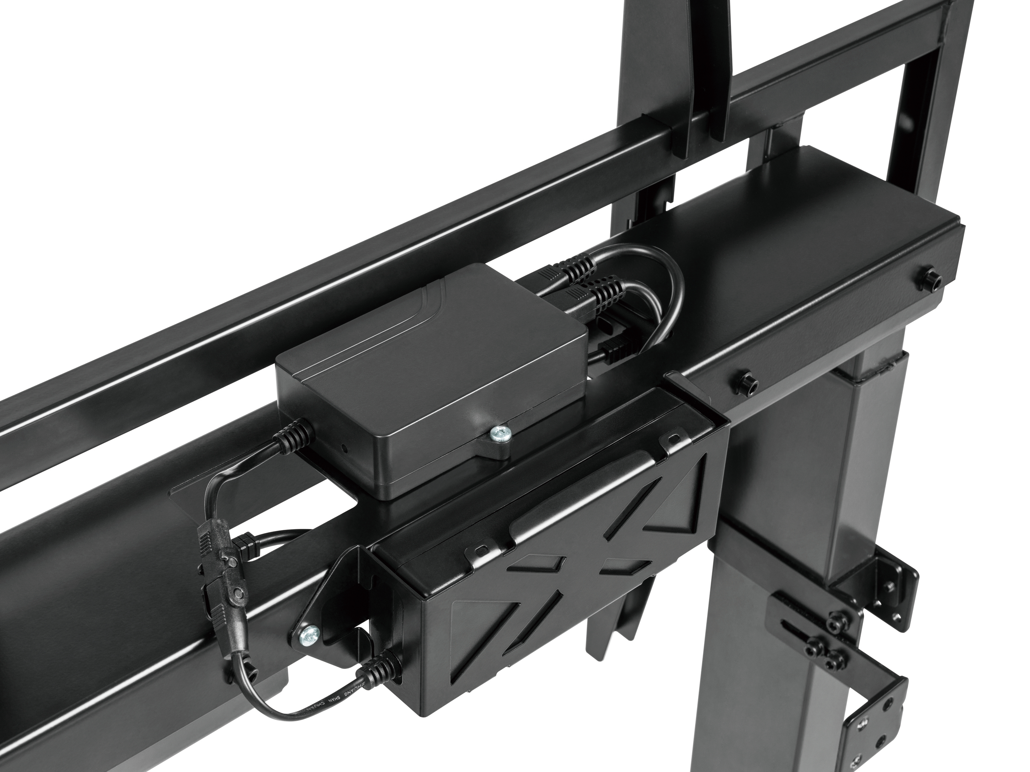 Schwarze Metallkonstruktion mit zwei Kästen und Kabeln. Die Kästen scheinen elektrische Komponenten zu sein.