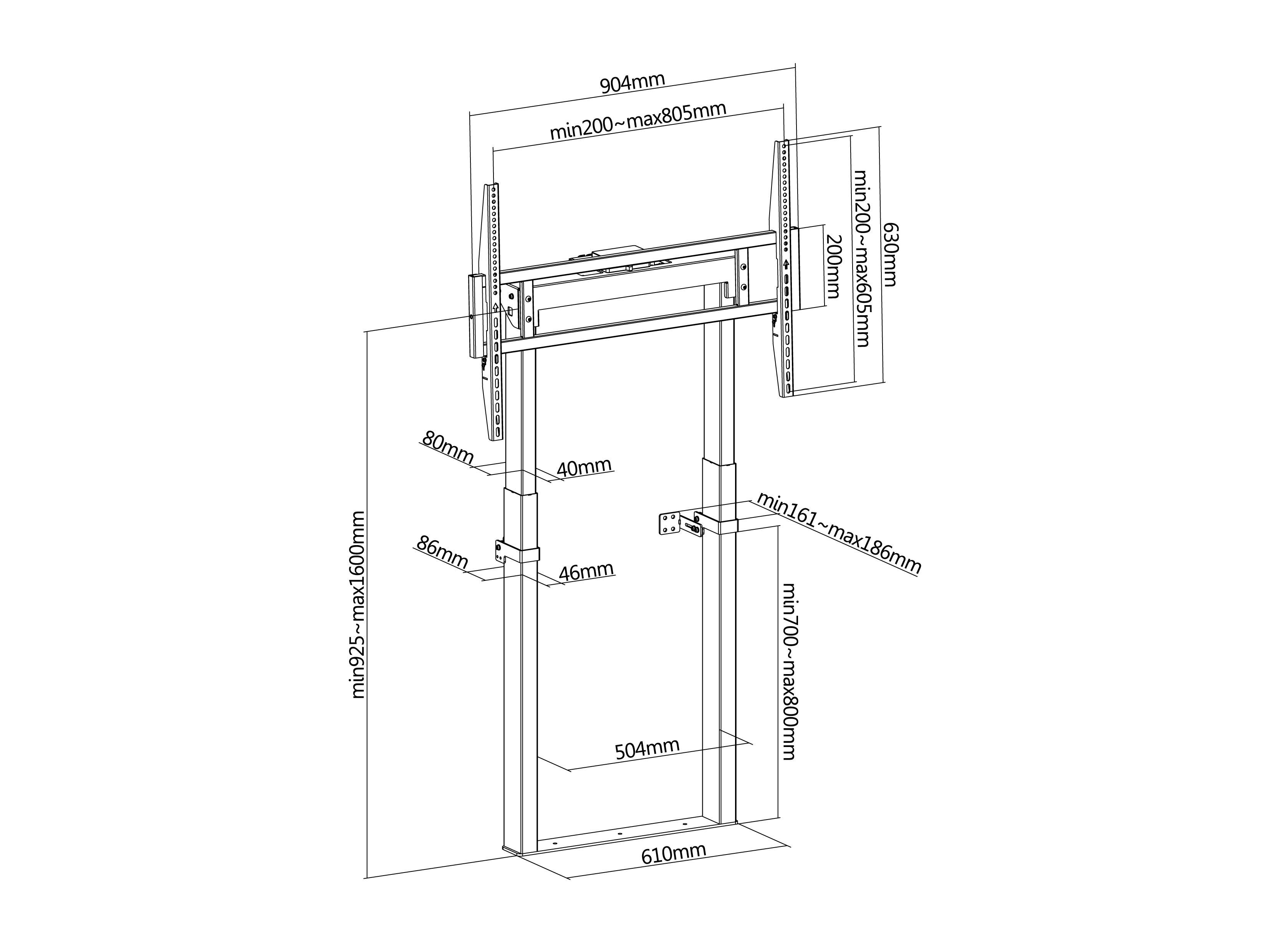 Diagramm einer TV-Halterung mit Abmessungen. Enthält Maße in mm, die Rahmen und verstellbare Komponenten zeigen.