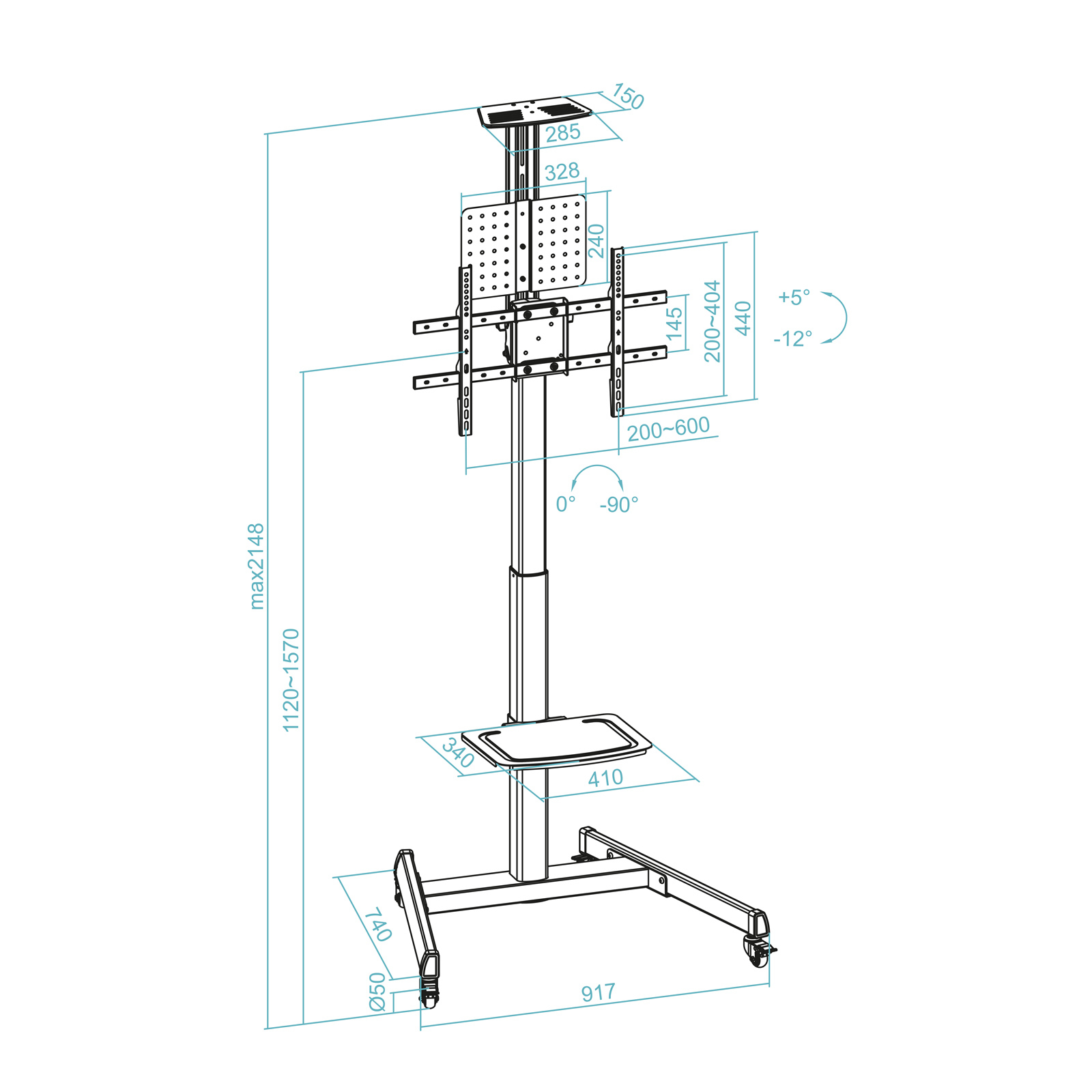 Dibujo técnico de un soporte de TV. Muestra dimensiones, ángulos y componentes como ruedas, una estantería y un soporte de TV.