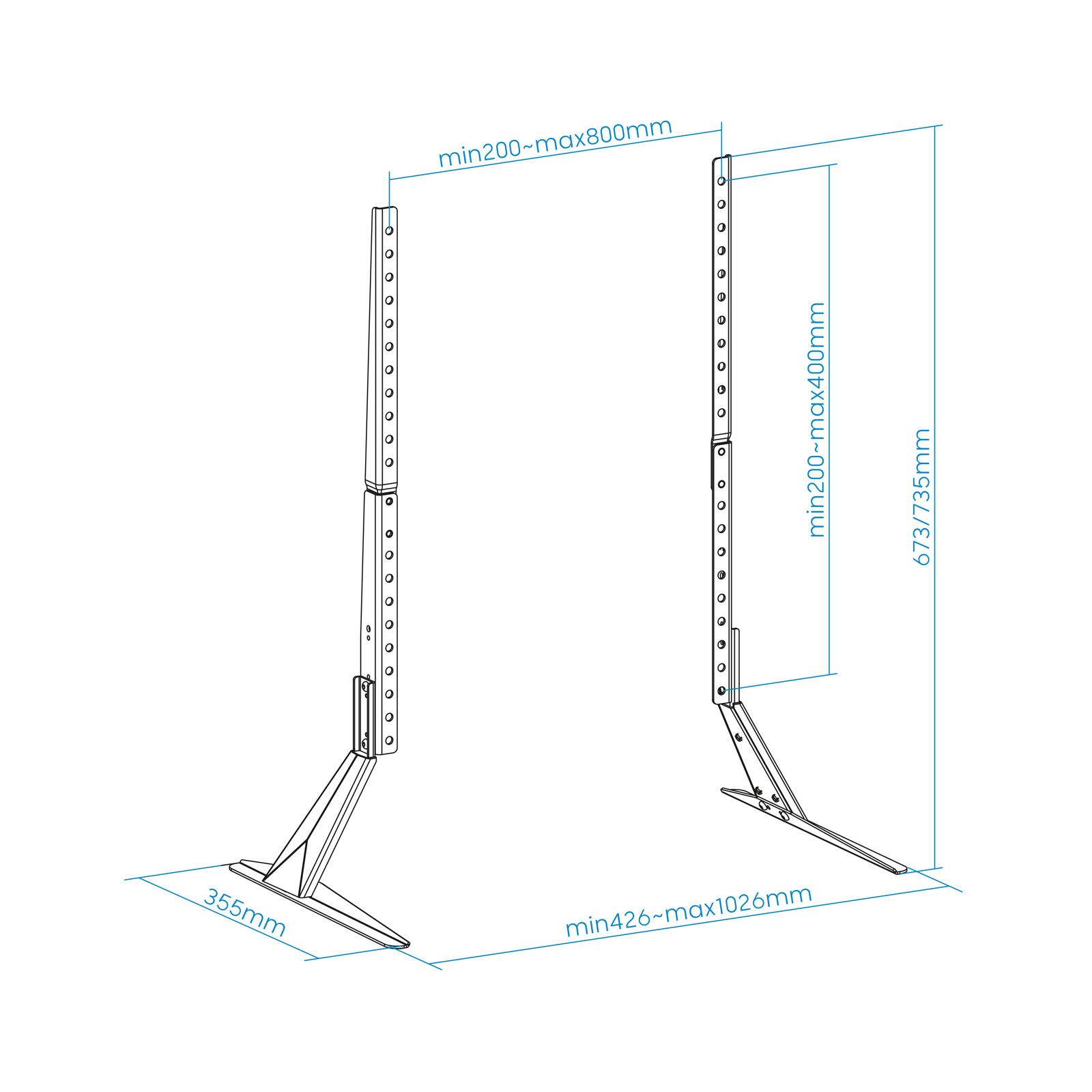 Diagrama de un soporte de TV con medidas. Dos soportes verticales con agujeros están conectados a pies angulados.
