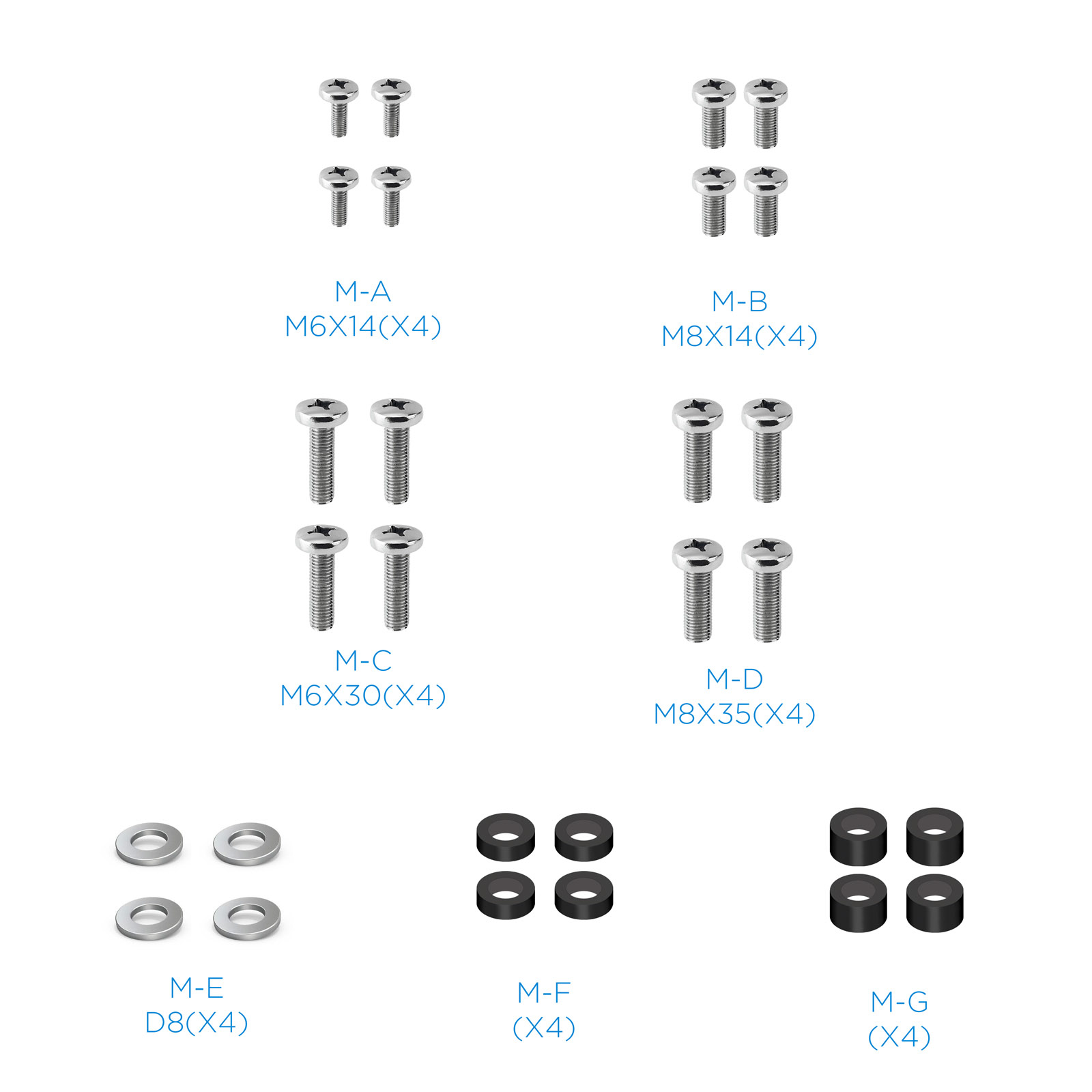 La imagen muestra varios tornillos y arandelas. Hay diferentes tamaños y tipos de tornillos etiquetados de M-A a M-D y arandelas etiquetadas de M-E a M-G.
