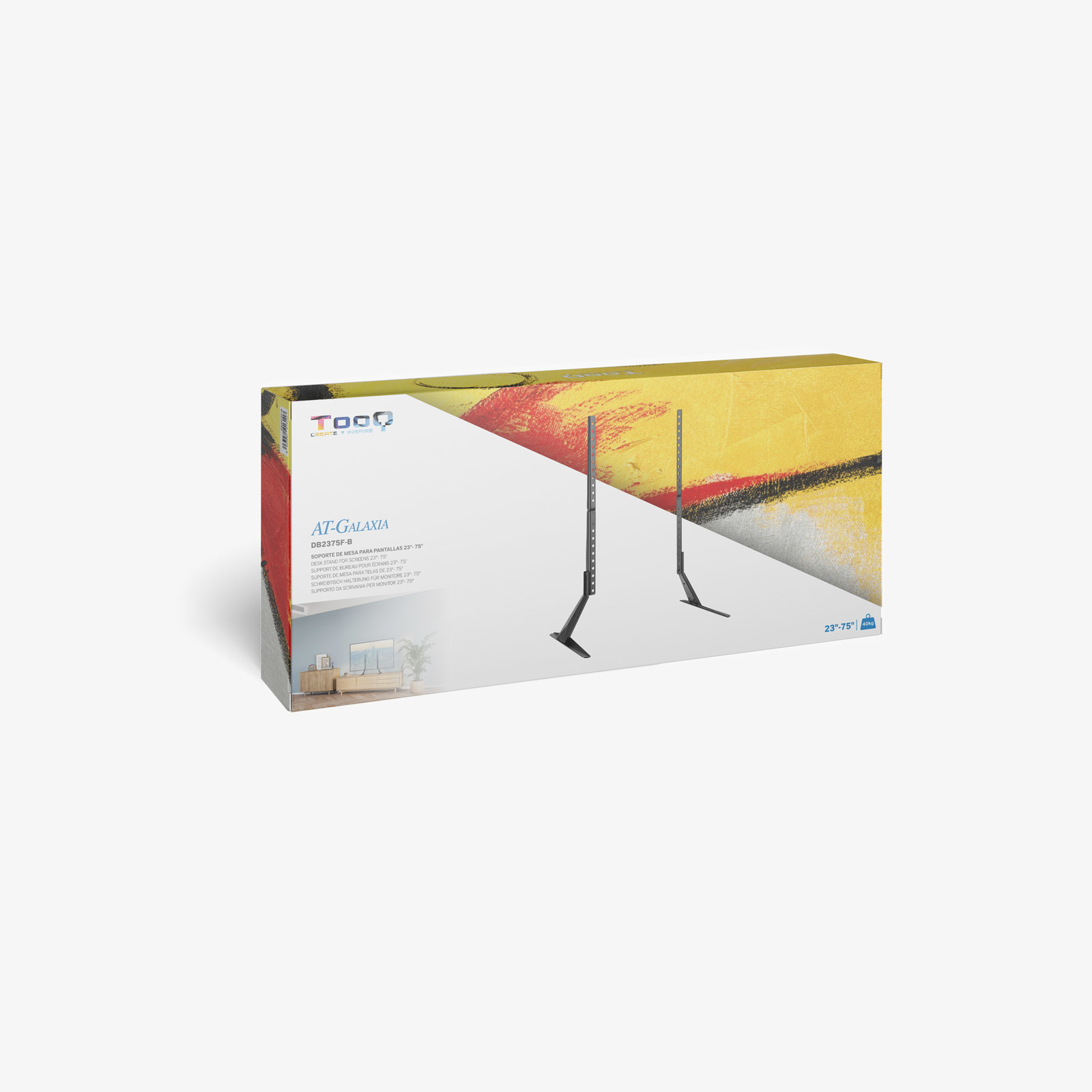 Caja con soportes para soporte de TV. La caja es blanca, amarilla y roja. El soporte tiene soportes metálicos negros.