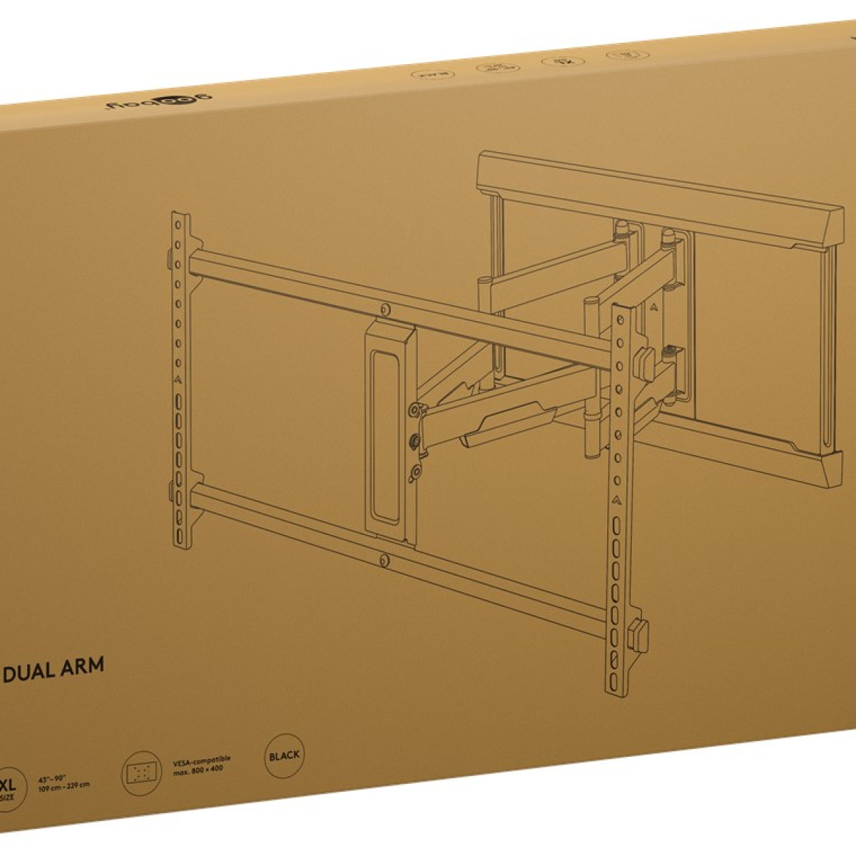 Diagramm einer schwarzen Dual-Arm-TV-Halterung auf einem braunen Karton. Merkmale umfassen VESA-Kompatibilität und Größenangaben.
