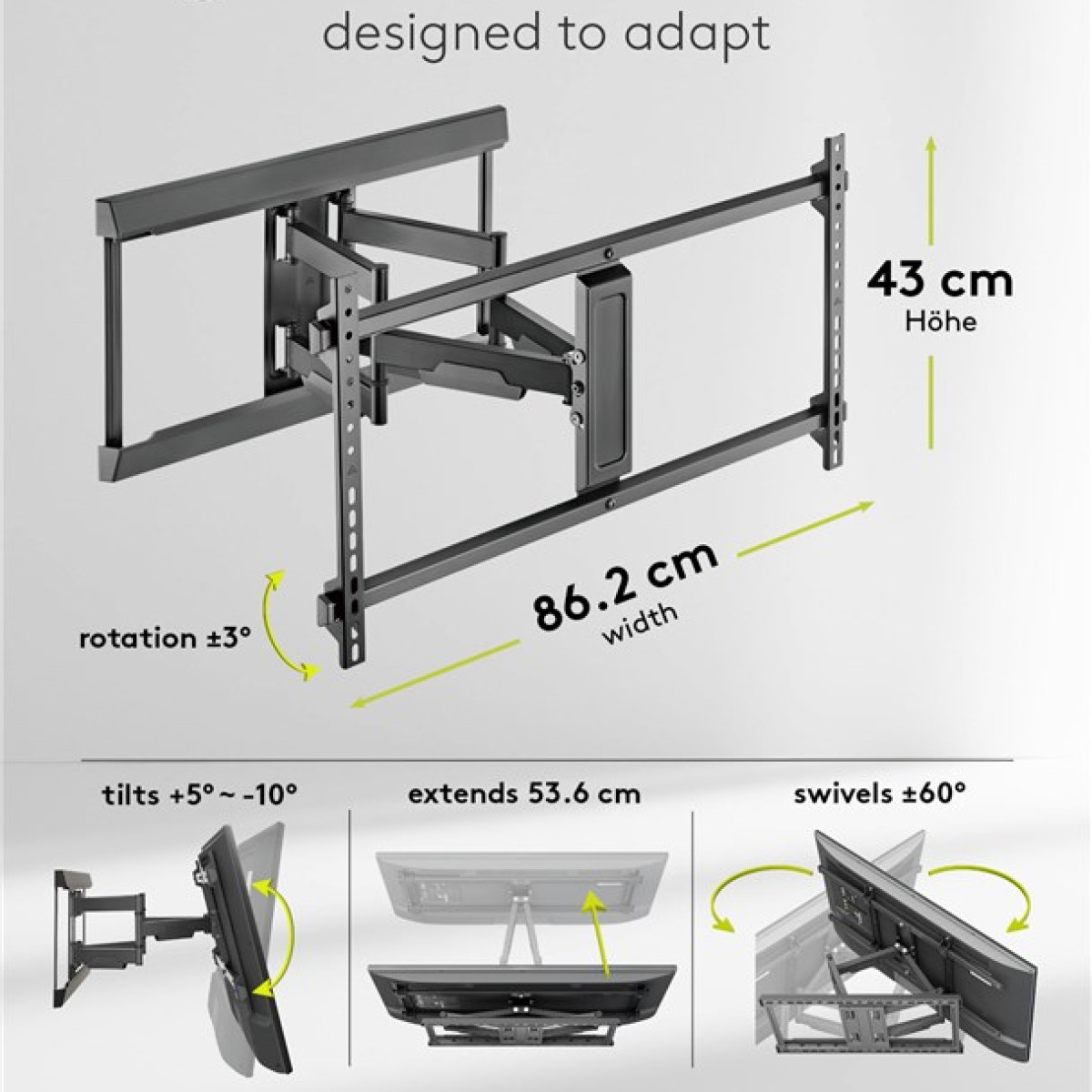 Eine schwarze TV-Wandhalterung mit Maßangaben. Sie dreht, neigt, erstreckt und schwenkt. Die Breite beträgt 86,2 cm, die Höhe 43 cm.