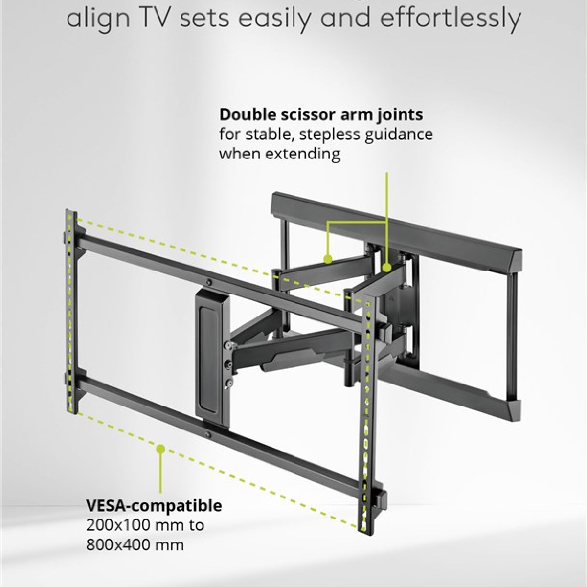 Eine schwarze TV-Halterung mit doppeltem Scherenarm. Die Halterung ist VESA-kompatibel und unterstützt Größen von 200x100mm bis 800x400mm.