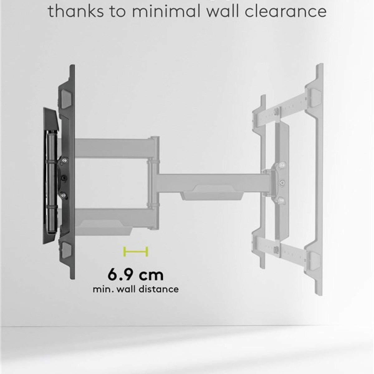 Diagramm einer TV-Wandhalterung, mit schwarzem Halter, grauem Arm und Wandplatte, mit 6,9 cm minimalem Wandabstand.