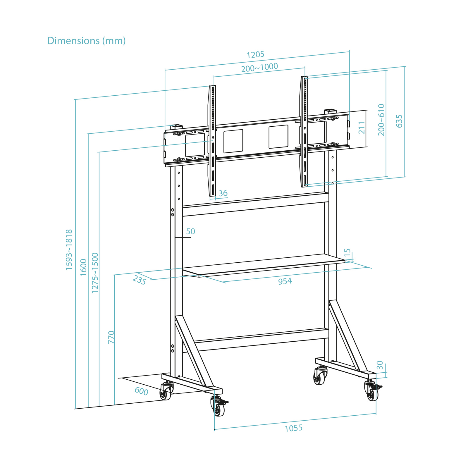 Dibujo técnico de un soporte de TV. Las dimensiones se indican con líneas y números. El soporte tiene ruedas.