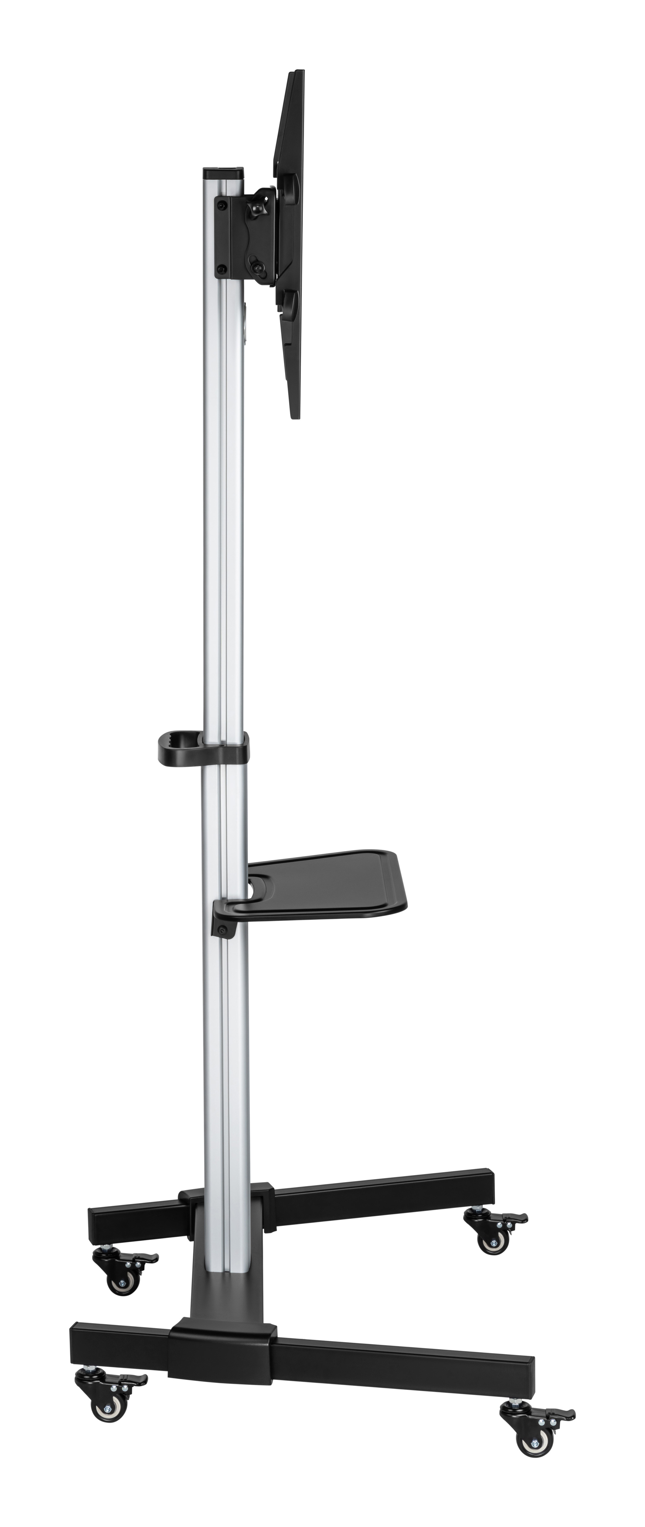 Un soporte de TV negro y plateado con ruedas. Tiene una base rectangular, un poste central y un estante. Un televisor negro está montado.