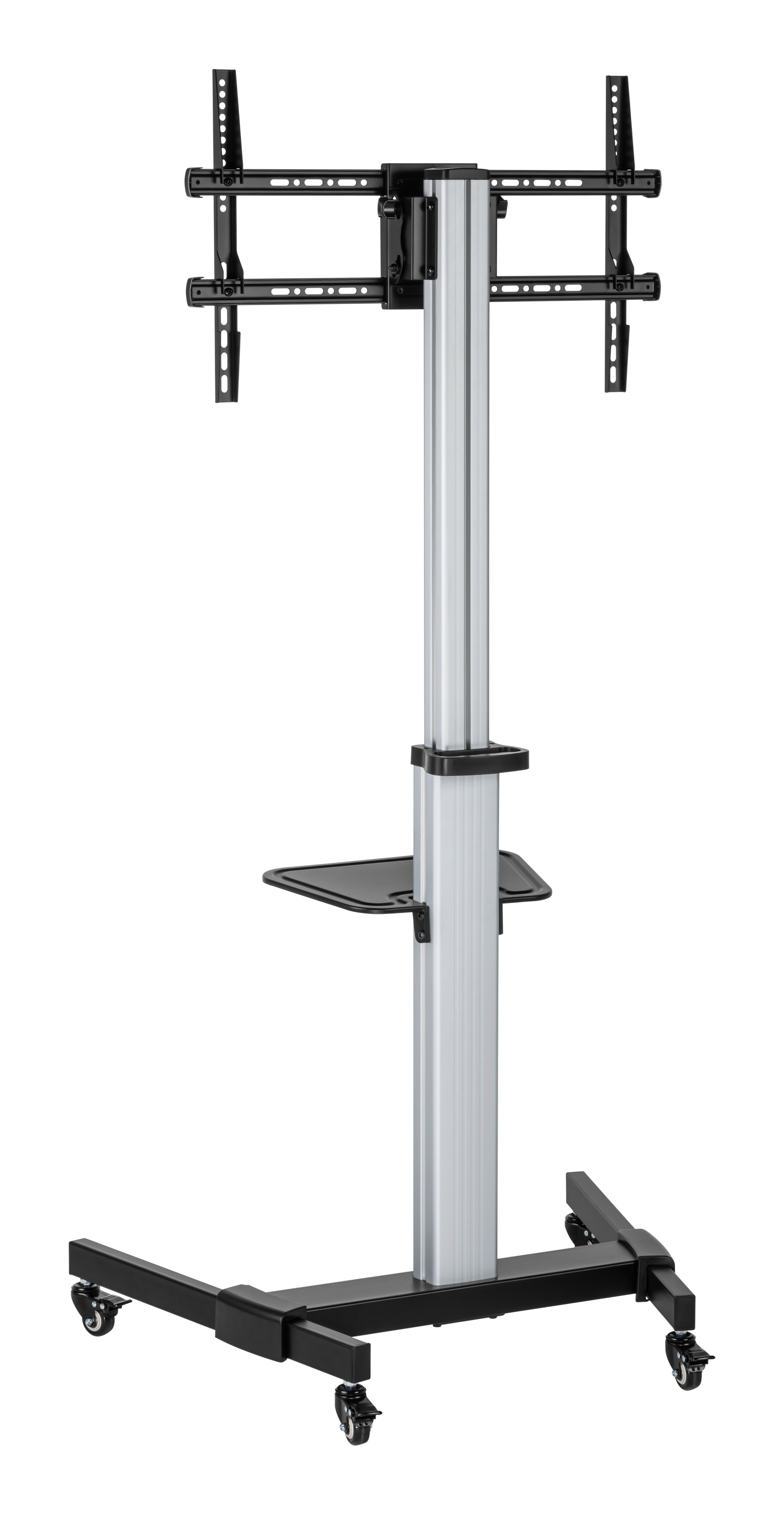 Un soporte de TV plateado y negro sobre ruedas. Tiene un poste vertical, un estante y soportes para montar un televisor.