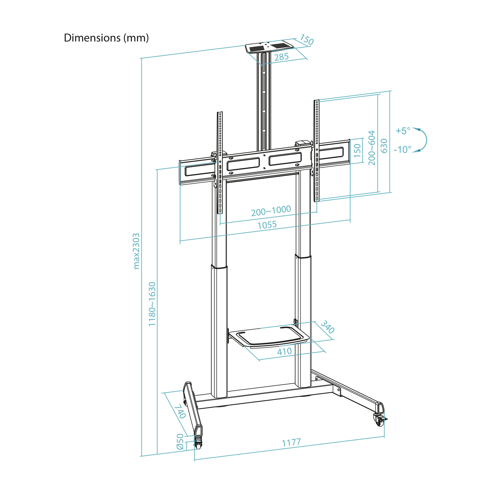 Dibujo técnico de un soporte de TV con dimensiones en mm. Incluye medidas de altura, anchura y ángulos.