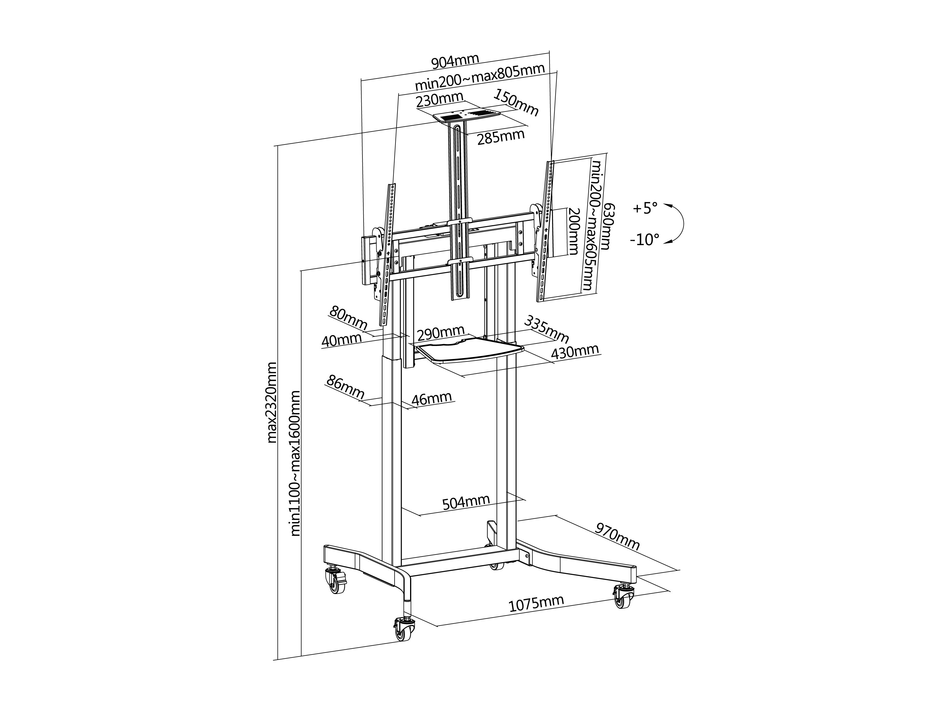 Diagramm eines TV-Ständers mit Abmessungen in Millimetern. Er hat Räder und ein Regal.