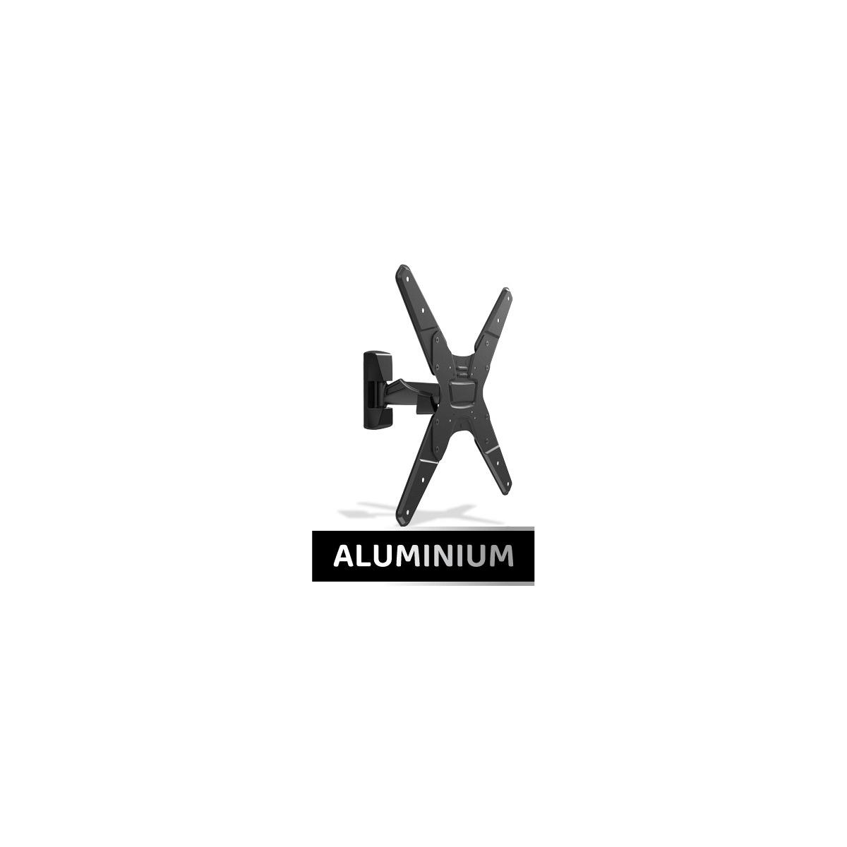 Supporto da parete per TV in alluminio nero su sfondo bianco. Il supporto è etichettato "ALUMINIUM".
