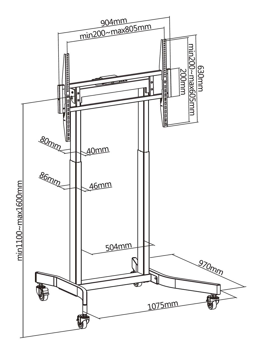 Disegno tecnico di un supporto TV, che mostra dimensioni come altezza, larghezza e misure in millimetri. Il supporto ha ruote.