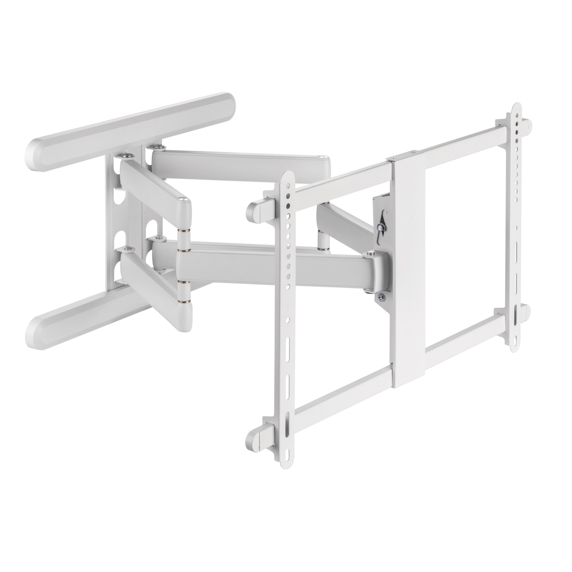 Un support TV articulé blanc. Il possède plusieurs bras et articulations pour un positionnement flexible, sur fond blanc.