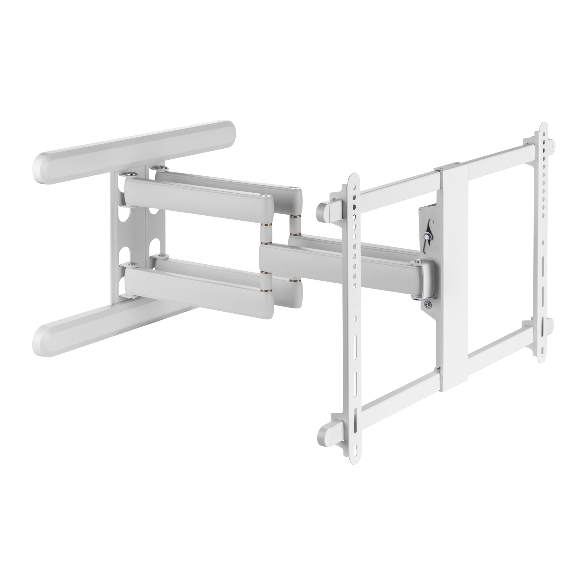 Un support mural TV blanc articulé, étendu. Il possède plusieurs bras et points de pivot, pour un positionnement flexible.