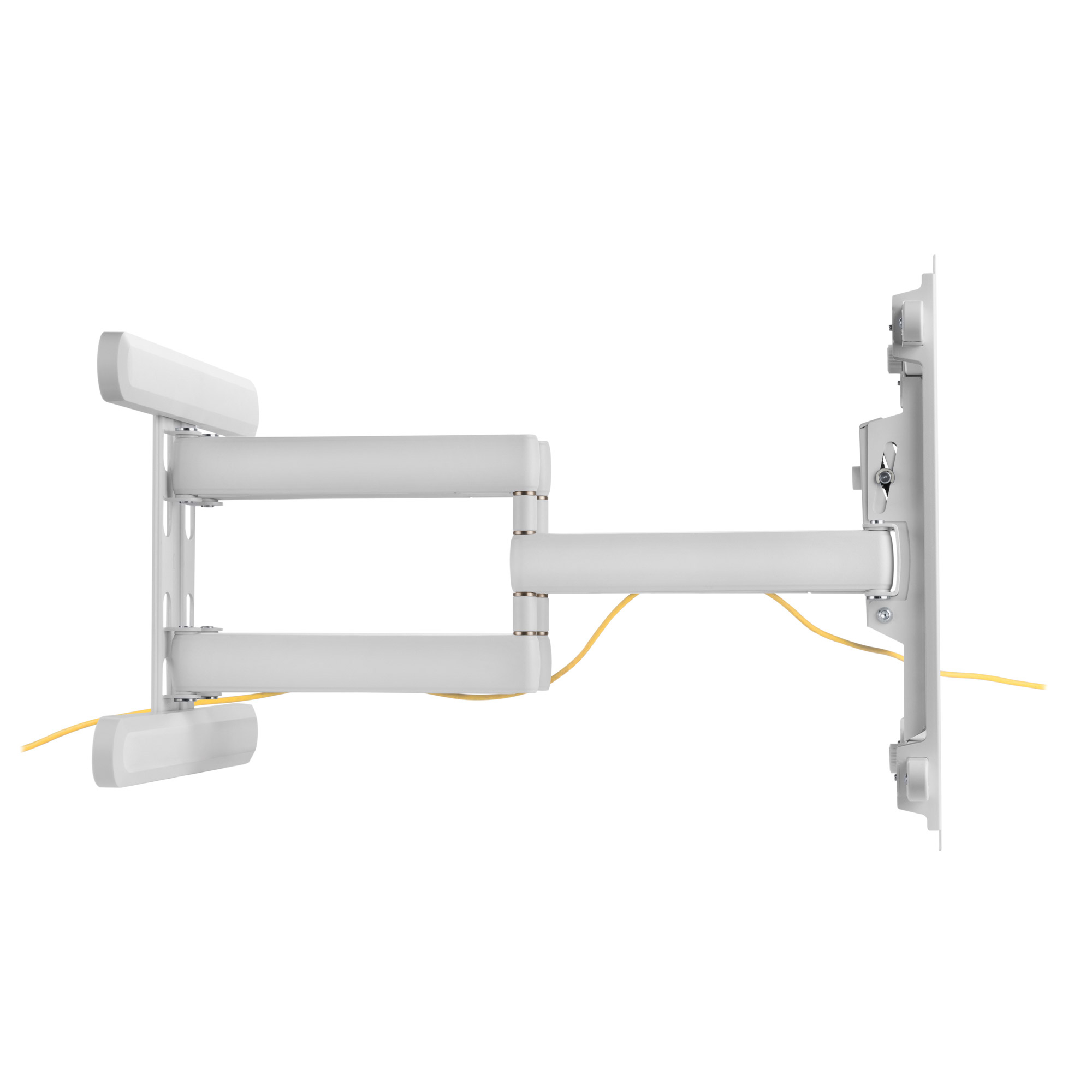 Support mural TV blanc avec câble jaune sur fond blanc. Bras articulé visible.