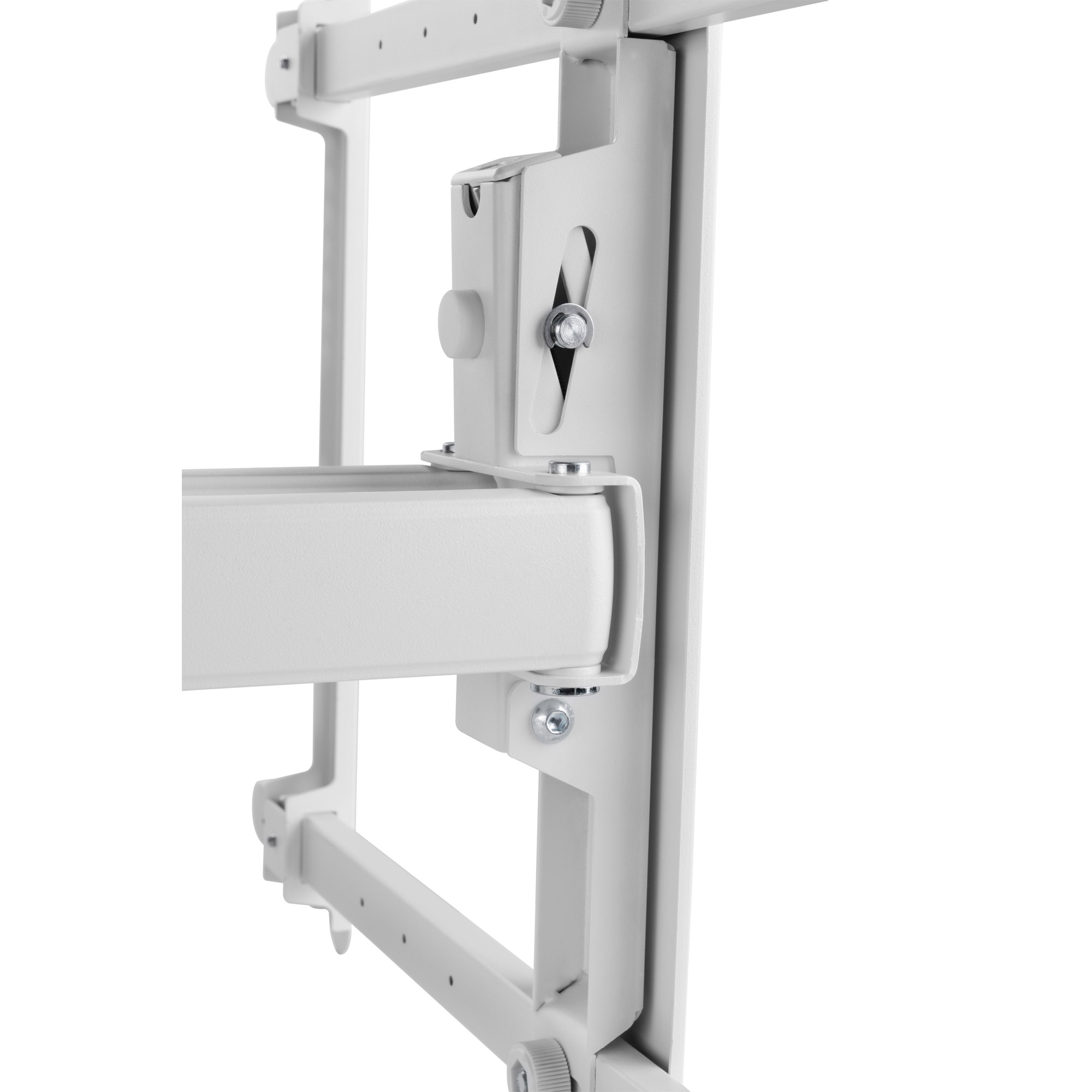 Gros plan sur un support de montage en métal blanc. Il comporte plusieurs pièces, vis et réglages, sur fond blanc.