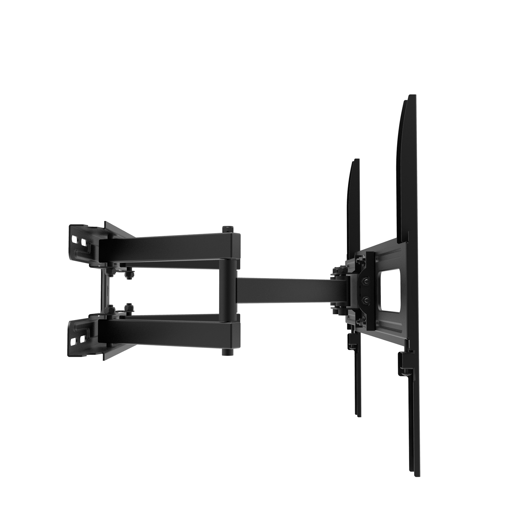 Eine schwarze, bewegliche TV-Wandhalterung. Die Halterung befindet sich vor einem weißen Hintergrund.