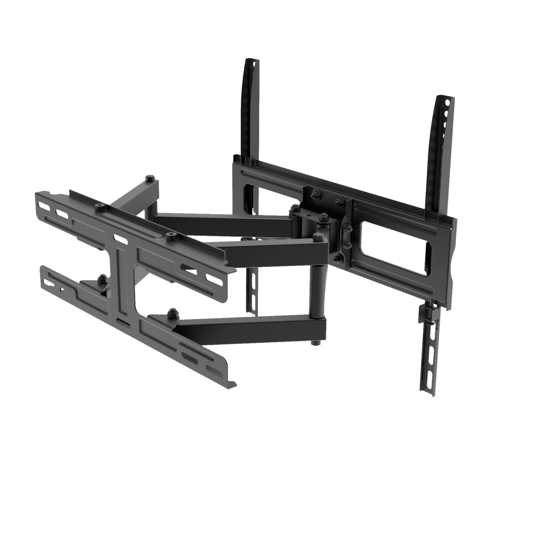 Eine schwarze, bewegliche TV-Wandhalterung. Sie hat mehrere Arme und Halterungen zur Einstellung der Position und des Winkels des Bildschirms.