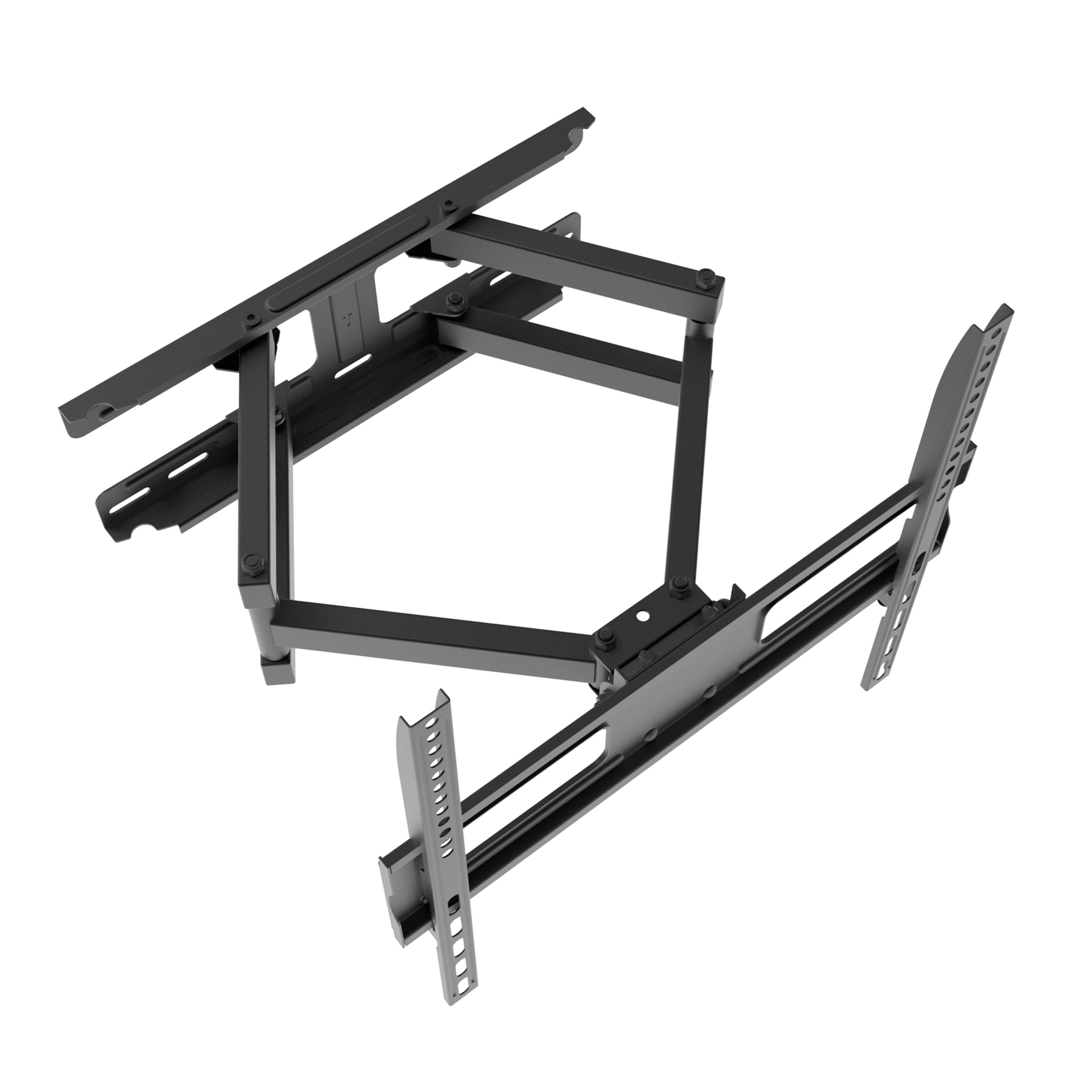 Eine schwarze, bewegliche TV-Wandhalterung vor weißem Hintergrund. Sie hat mehrere Arme und Halterungen zur Positionierung.