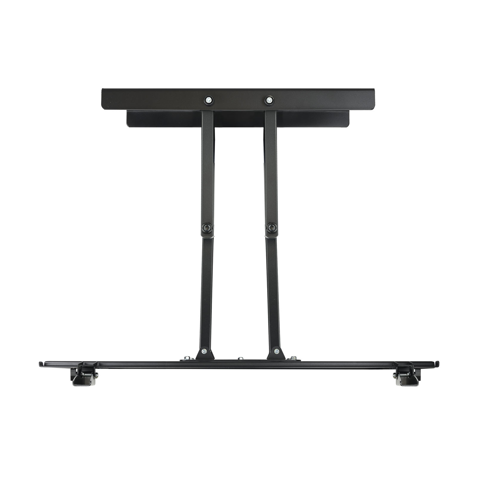 Un supporto TV in metallo nero, con due supporti verticali e barre orizzontali. Su sfondo bianco.