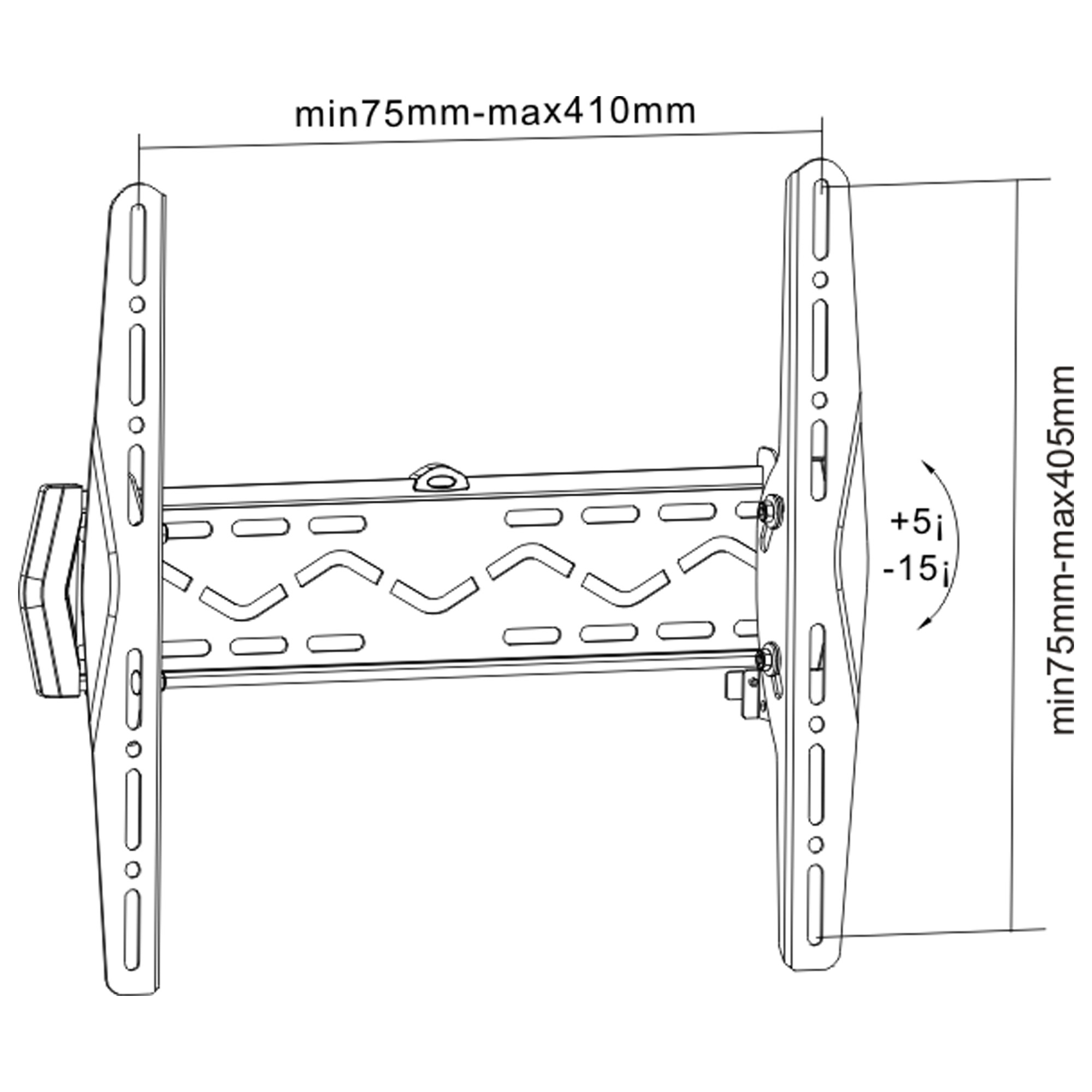 Diagramma in bianco e nero di un supporto TV con misure. Mostra le dimensioni minime e massime del supporto.
