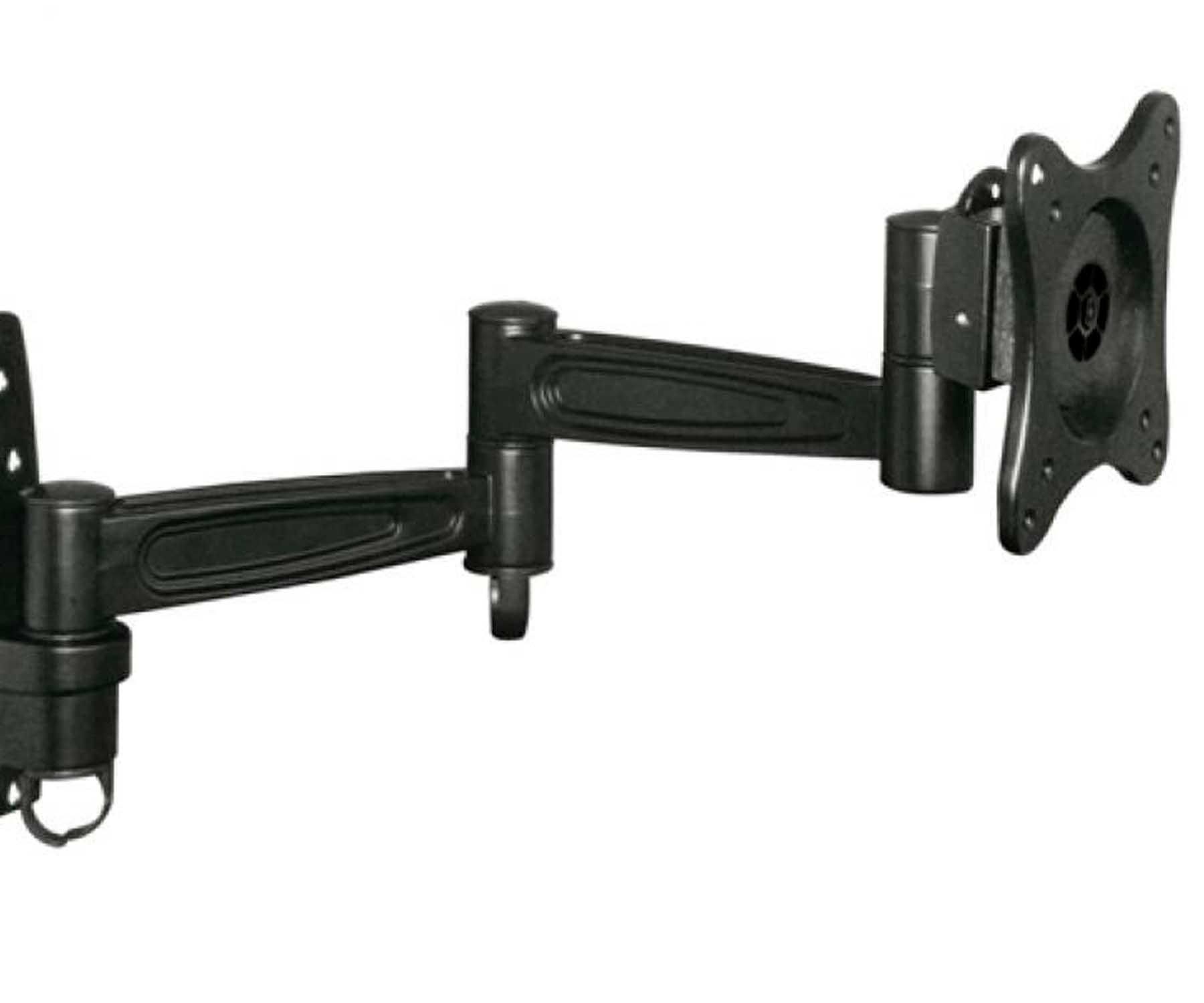 Soporte de pared para TV articulado, negro. Está extendido. El soporte tiene múltiples articulaciones y un soporte para TV.