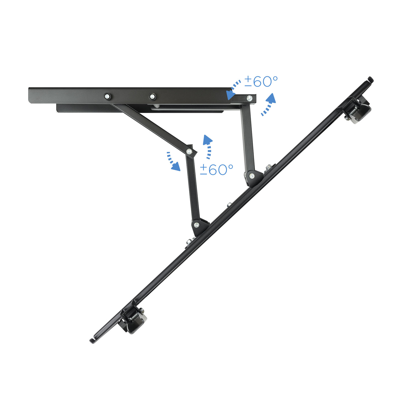 Supporto a parete per TV in metallo nero con bracci regolabili e indicatore di inclinazione. Sfondo bianco.