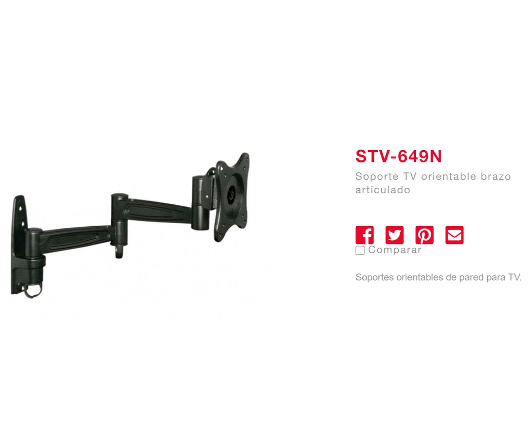 Un soporte de pared articulado negro para TV. El texto dice STV-649N, con iconos de redes sociales y la frase 'Soporte TV orientable brazo articulado'.