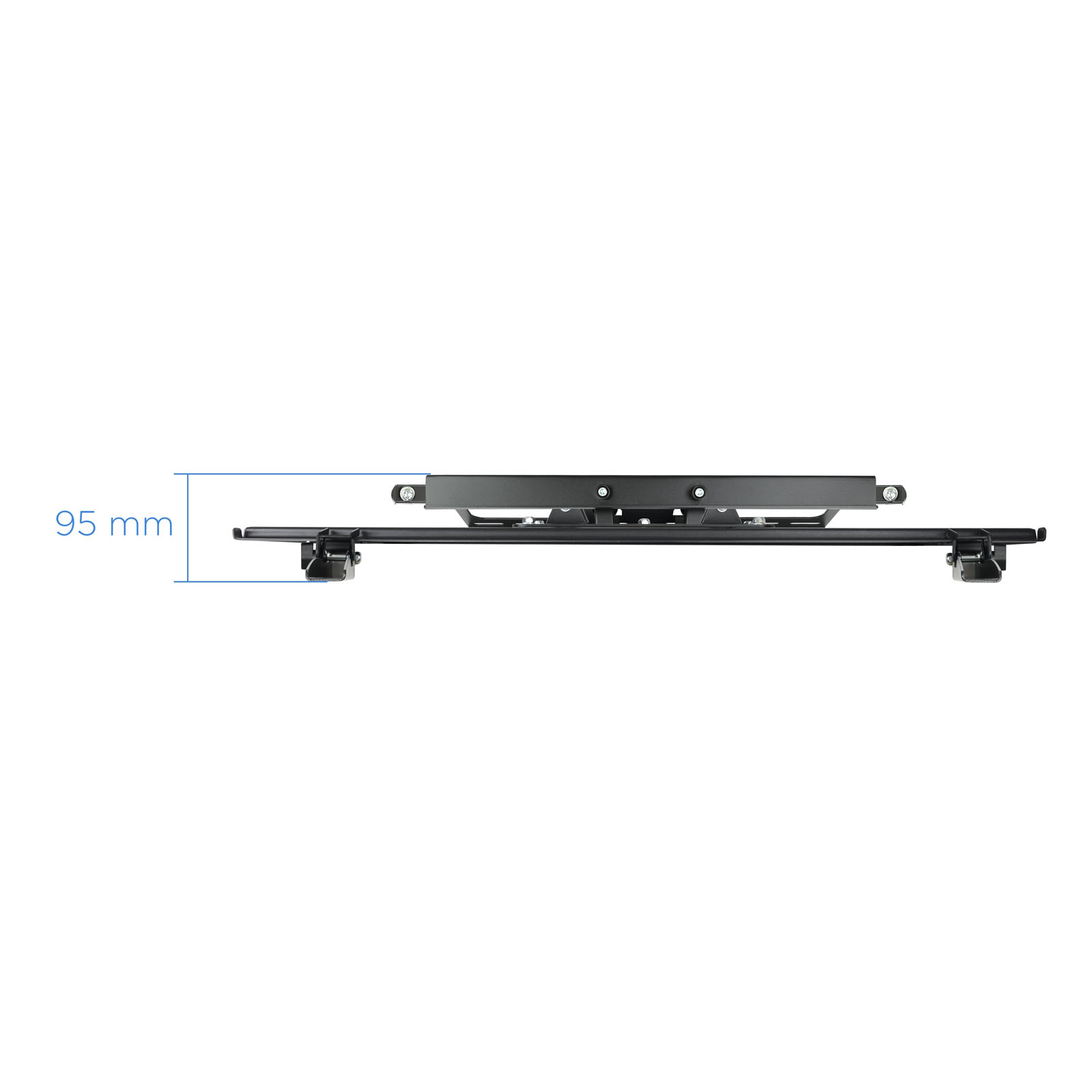 Un portapacchi nero per auto con una misura di 95 mm indicata da una linea blu, su sfondo bianco.