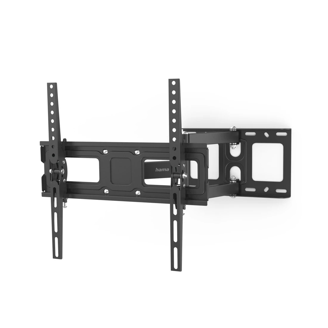 È mostrato un supporto a parete per TV nero. Ha più bracci e fori per il montaggio. Il marchio "hama" è visibile.