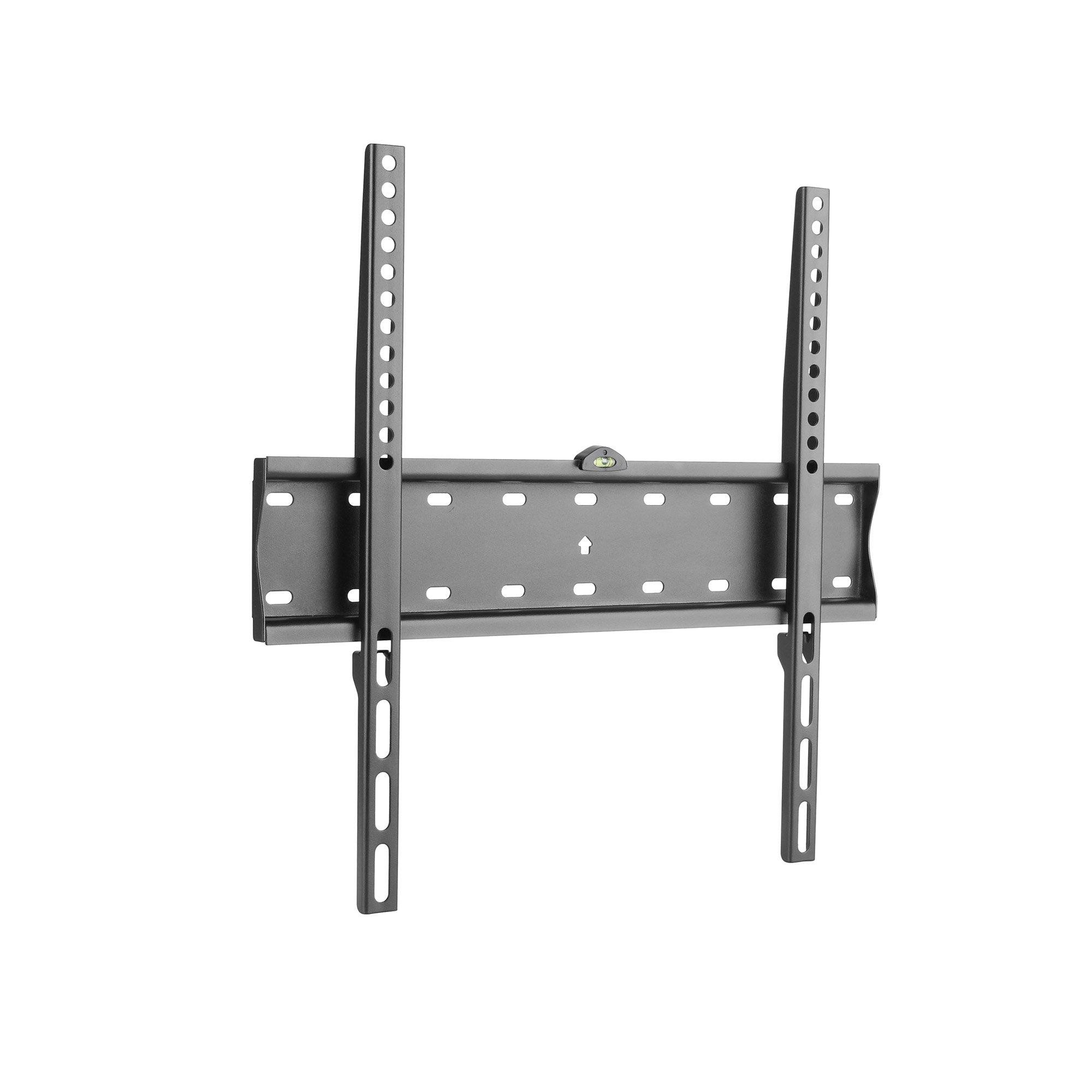 A black metal TV wall mount on a white background. It has vertical and horizontal components with holes.