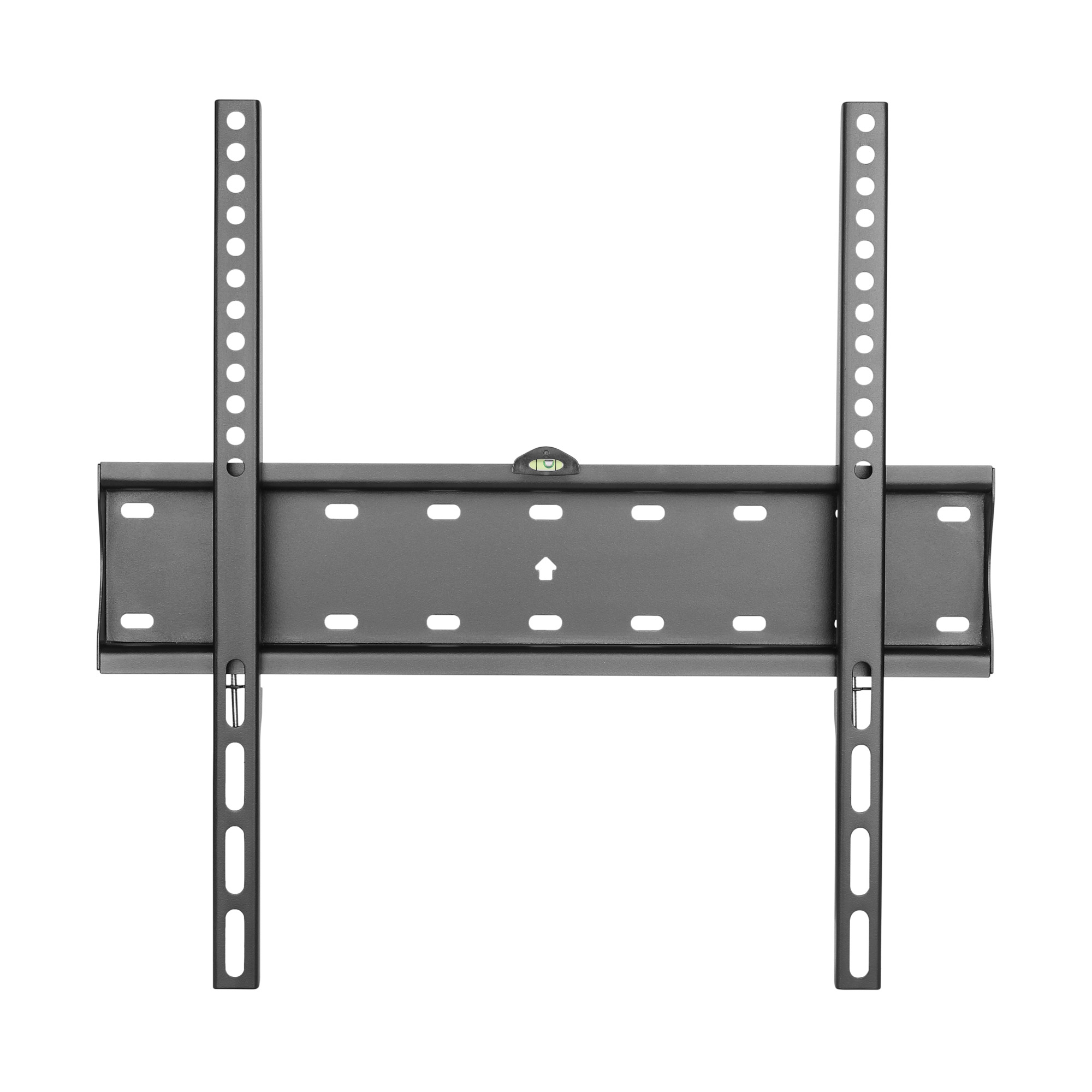 A black TV wall mount. It has a horizontal bar with multiple holes and two vertical bars with holes.